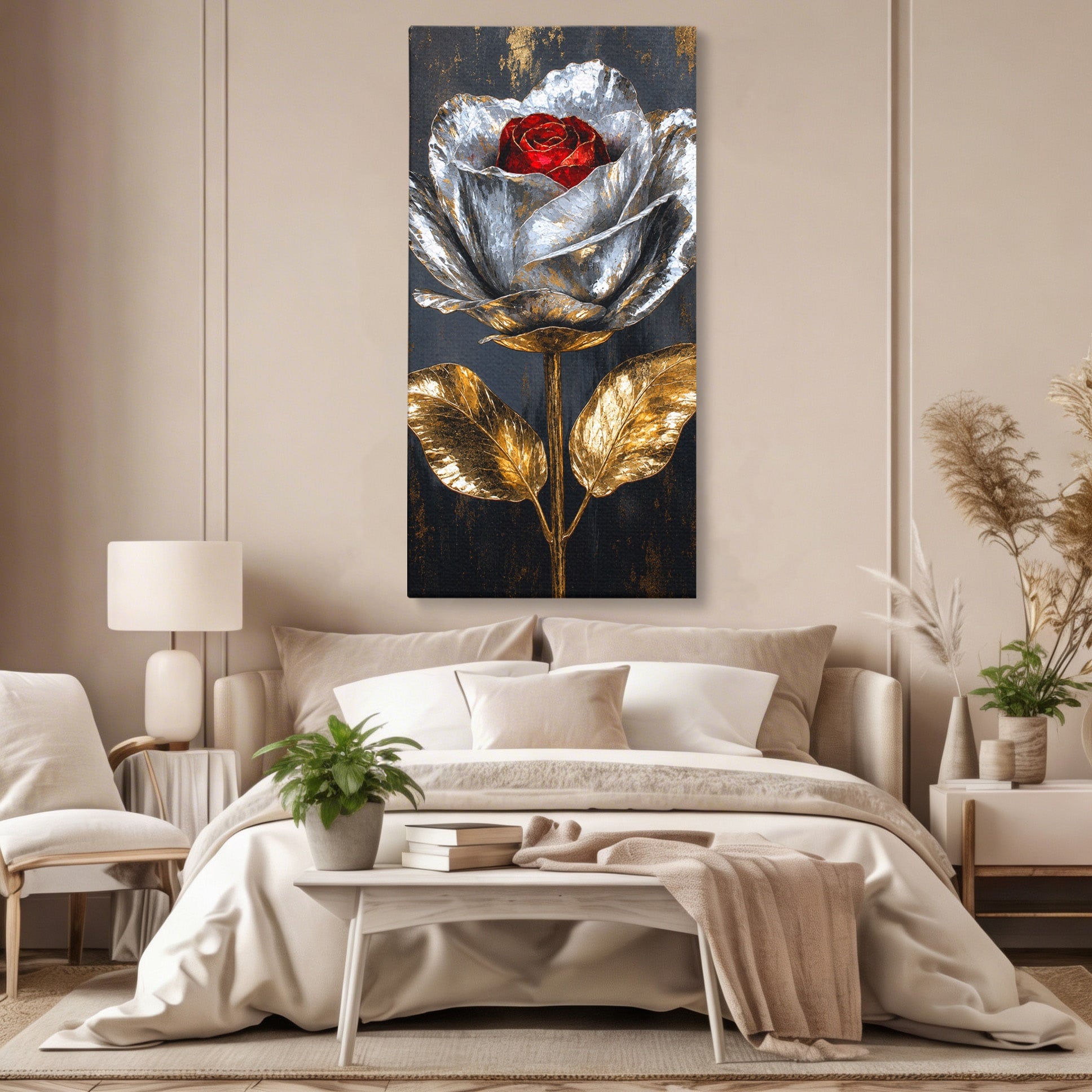 Tablou Canvas Premium LuxCanva® A1823, Trandafir Metalic, Trandafir, Metal, Floral, Modern, Dormitor, Culori Vibrante