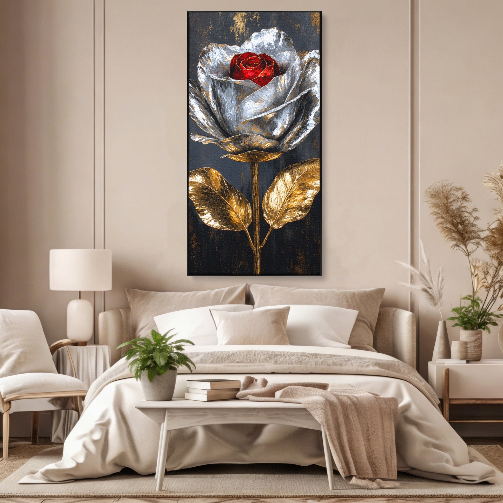 Tablou Canvas Premium LuxCanva® A1823, Trandafir Metalic, Trandafir, Metal, Floral, Modern, Dormitor, Culori Vibrante
