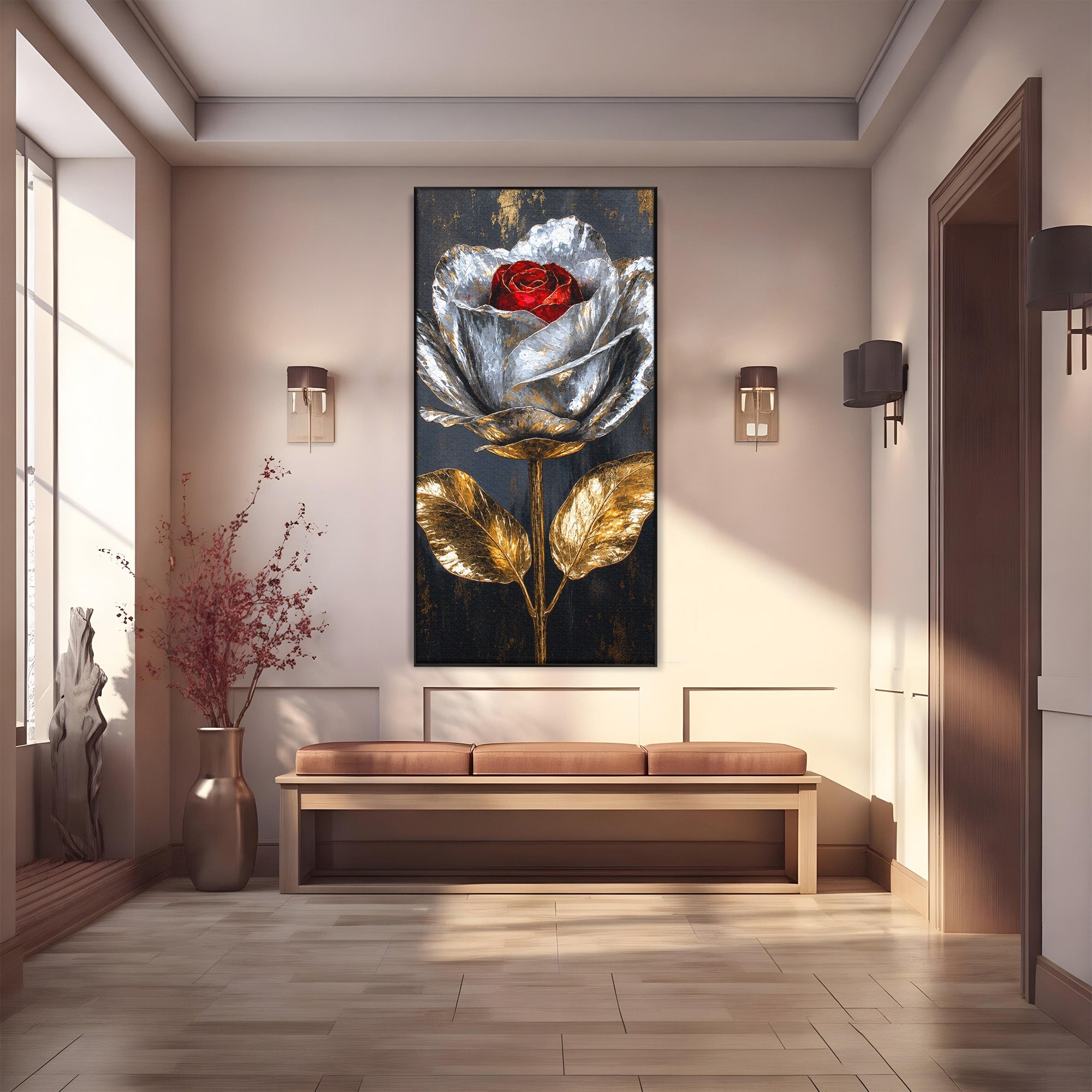 Tablou Canvas Premium LuxCanva® A1823, Trandafir Metalic, Trandafir, Metal, Floral, Modern, Dormitor, Culori Vibrante