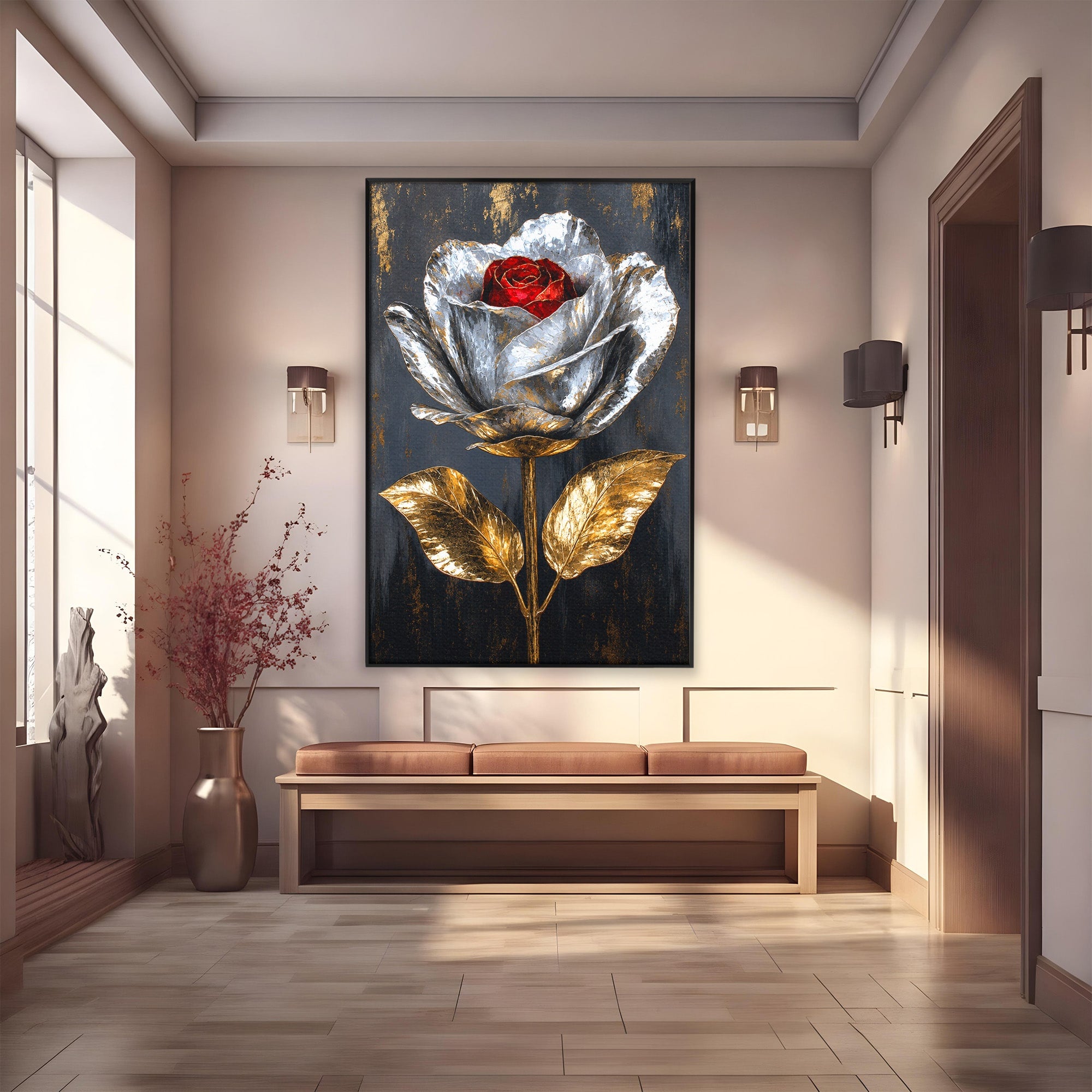 Tablou Canvas Premium LuxCanva® A1823, Trandafir Metalic, Trandafir, Metal, Floral, Modern, Dormitor, Culori Vibrante