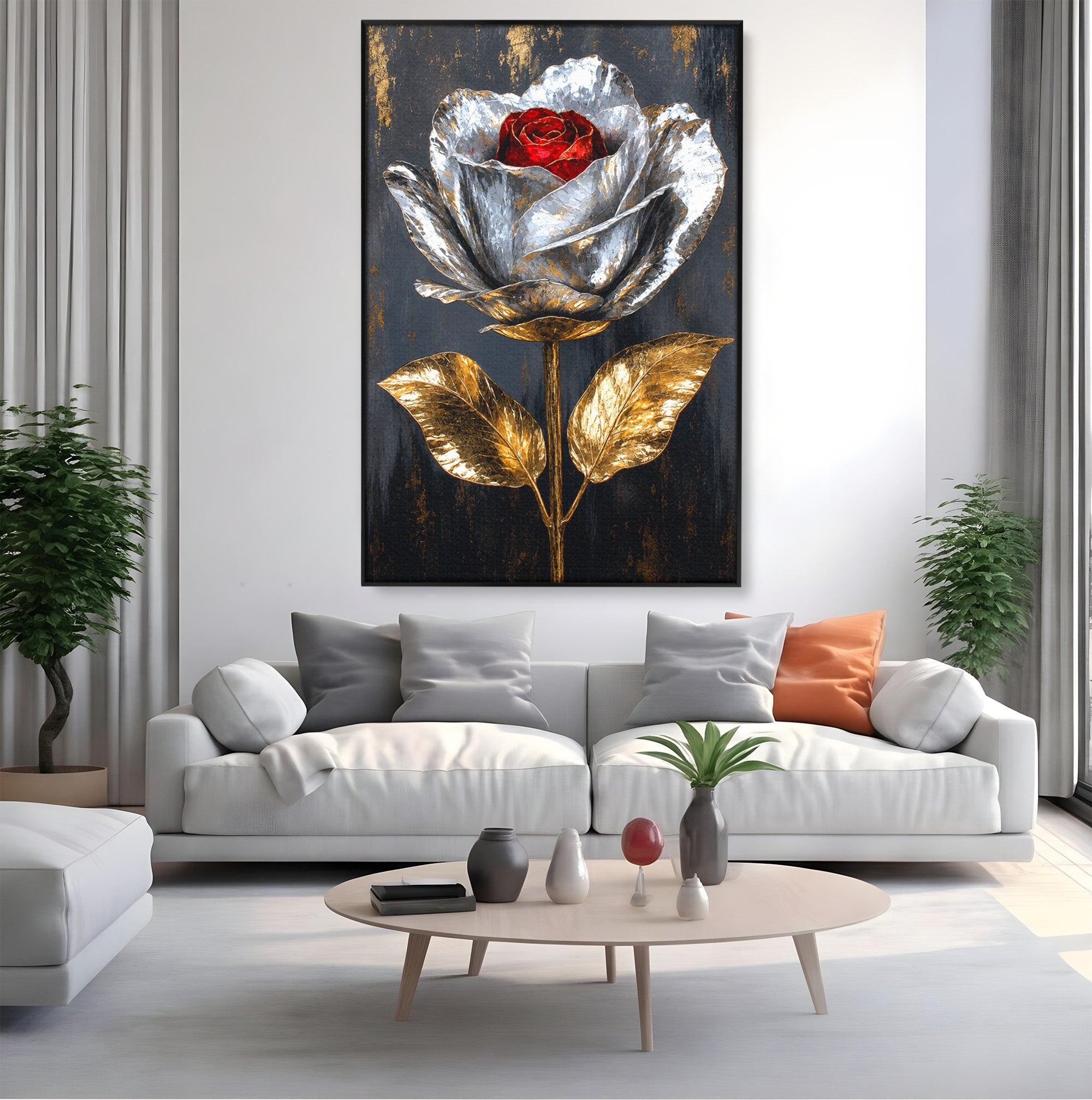 Tablou Canvas Premium LuxCanva® A1823, Trandafir Metalic, Trandafir, Metal, Floral, Modern, Dormitor, Culori Vibrante