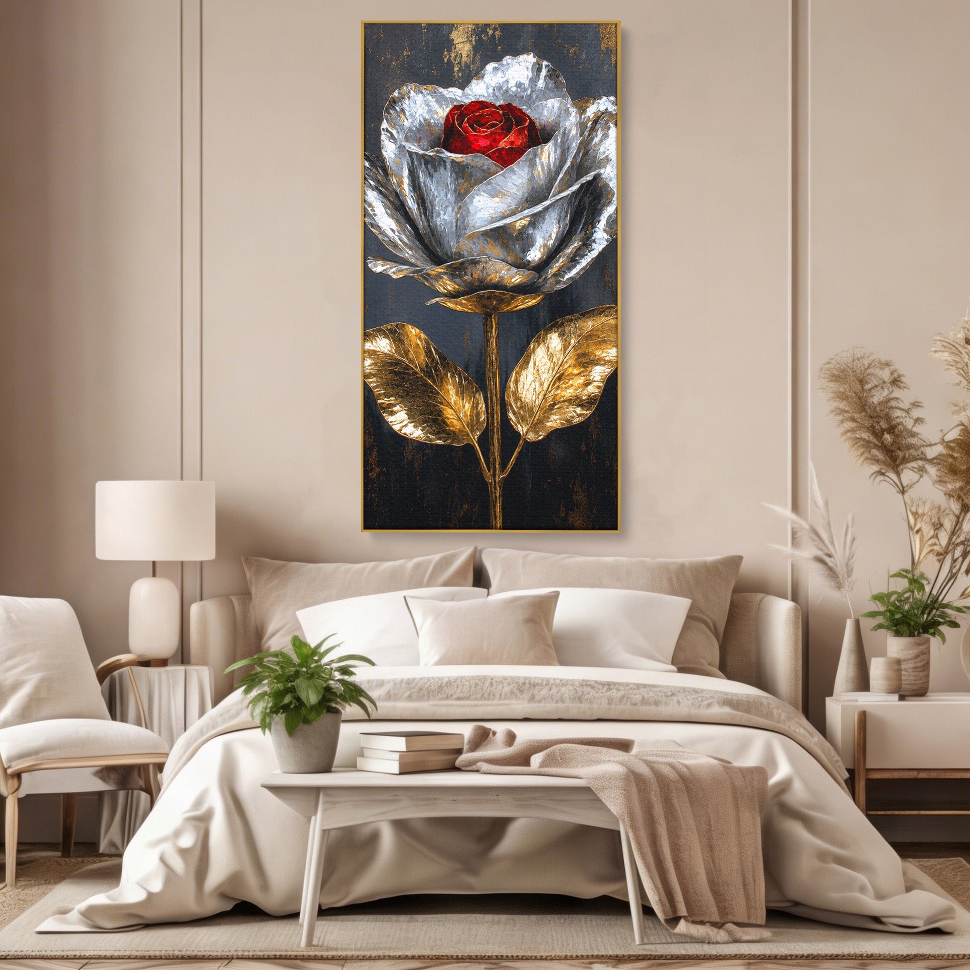 Tablou Canvas Premium LuxCanva® A1823, Trandafir Metalic, Trandafir, Metal, Floral, Modern, Dormitor, Culori Vibrante