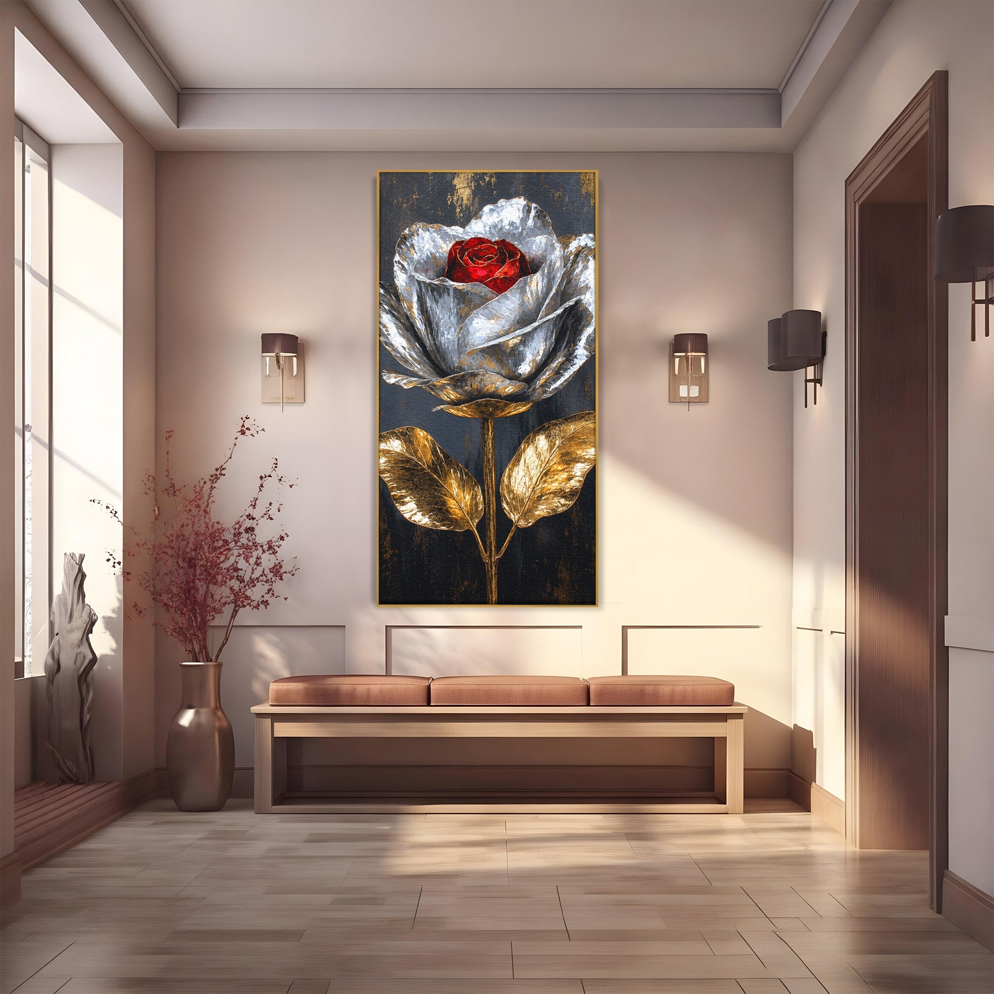 Tablou Canvas Premium LuxCanva® A1823, Trandafir Metalic, Trandafir, Metal, Floral, Modern, Dormitor, Culori Vibrante