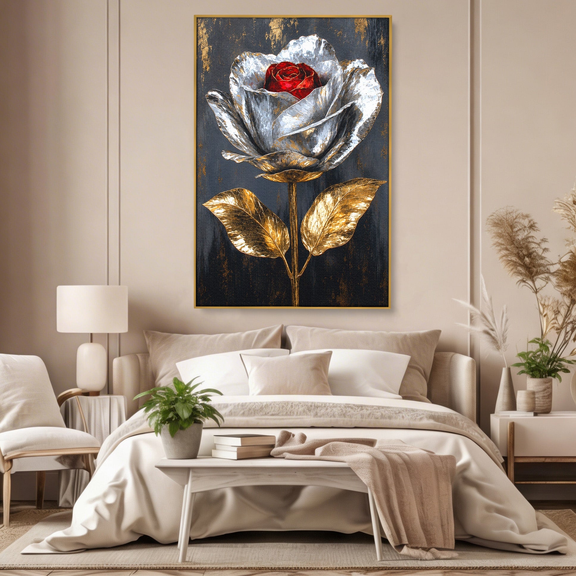 Tablou Canvas Premium LuxCanva® A1823, Trandafir Metalic, Trandafir, Metal, Floral, Modern, Dormitor, Culori Vibrante