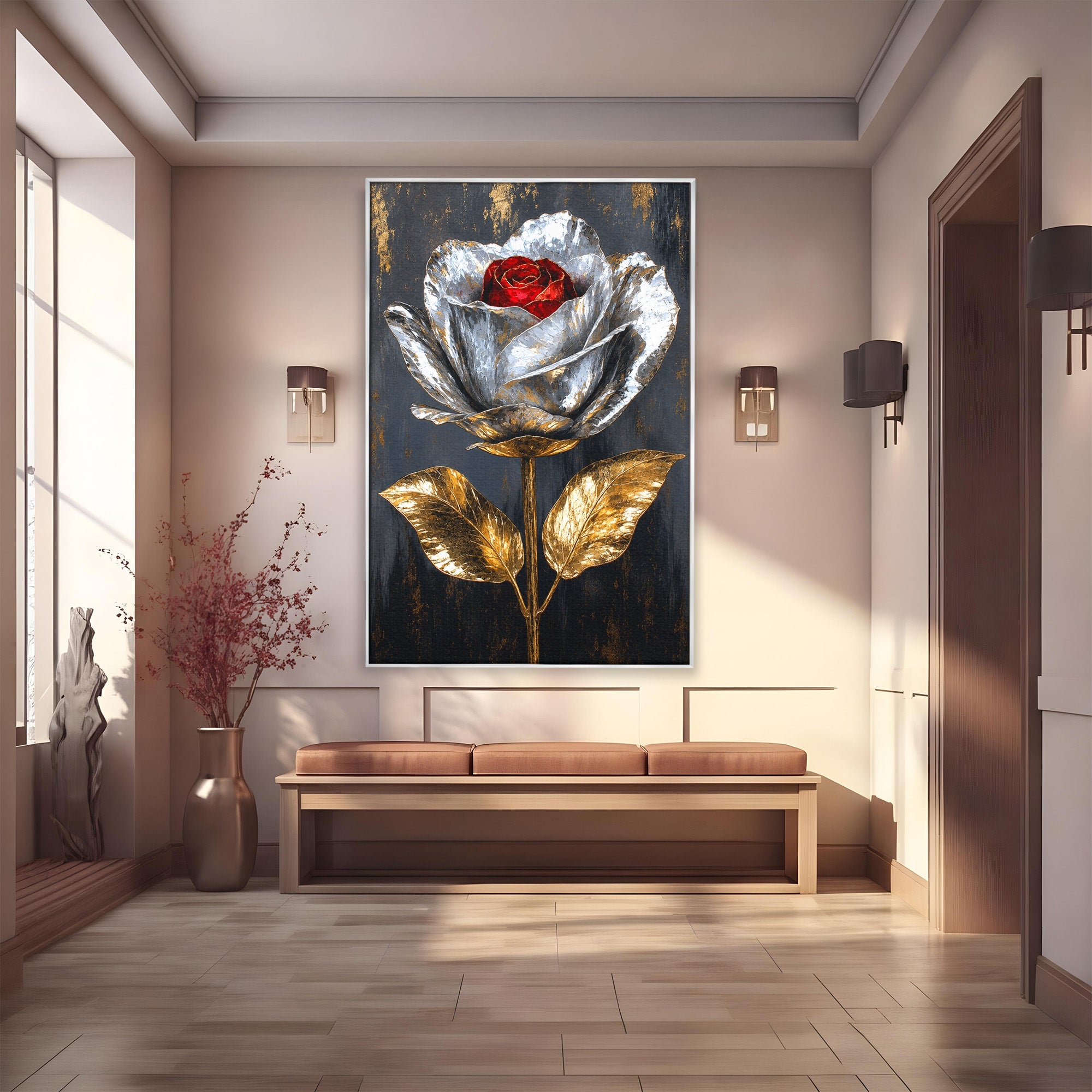 Tablou Canvas Premium LuxCanva® A1823, Trandafir Metalic, Trandafir, Metal, Floral, Modern, Dormitor, Culori Vibrante