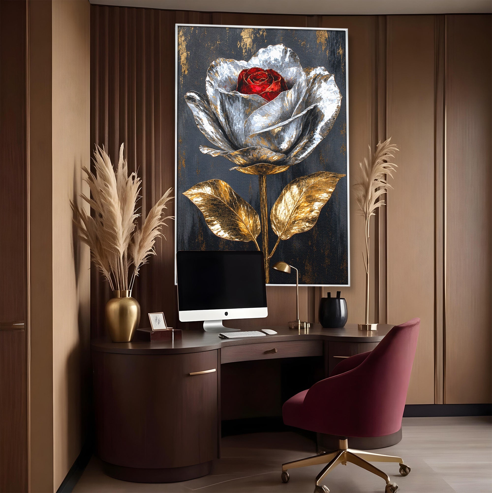 Tablou Canvas Premium LuxCanva® A1823, Trandafir Metalic, Trandafir, Metal, Floral, Modern, Dormitor, Culori Vibrante