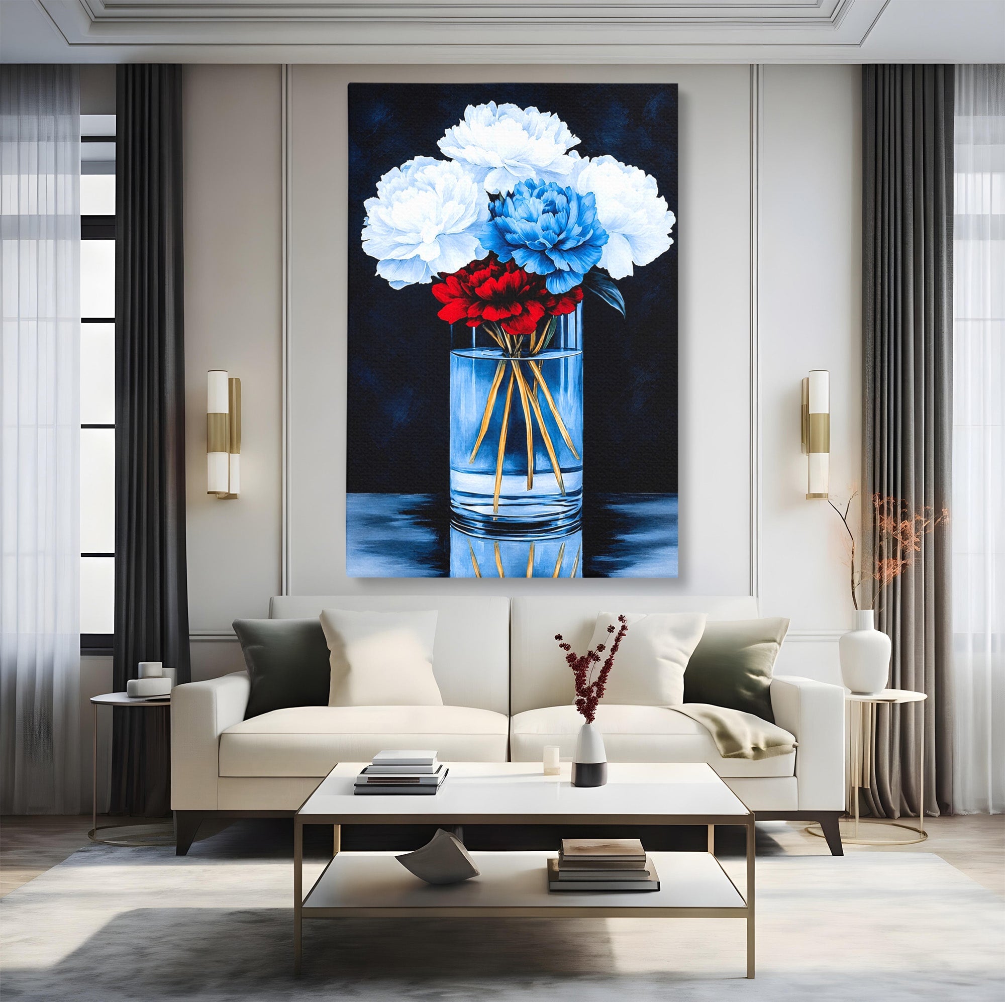 Tablou Canvas Premium LuxCanva® A1825, Buchet De Pivonii, Flori, Vaza, Eleganta, Dormitor, Living, Culori Vibrante