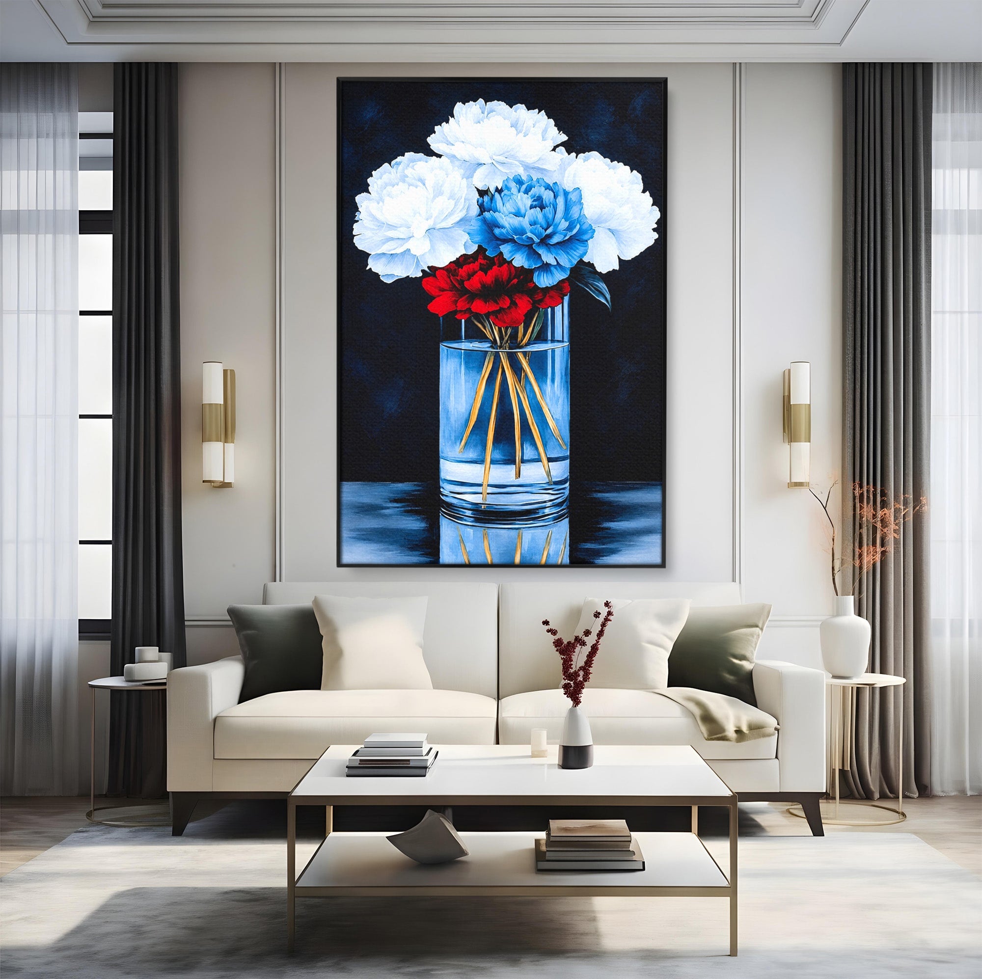 Tablou Canvas Premium LuxCanva® A1825, Buchet De Pivonii, Flori, Vaza, Eleganta, Dormitor, Living, Culori Vibrante