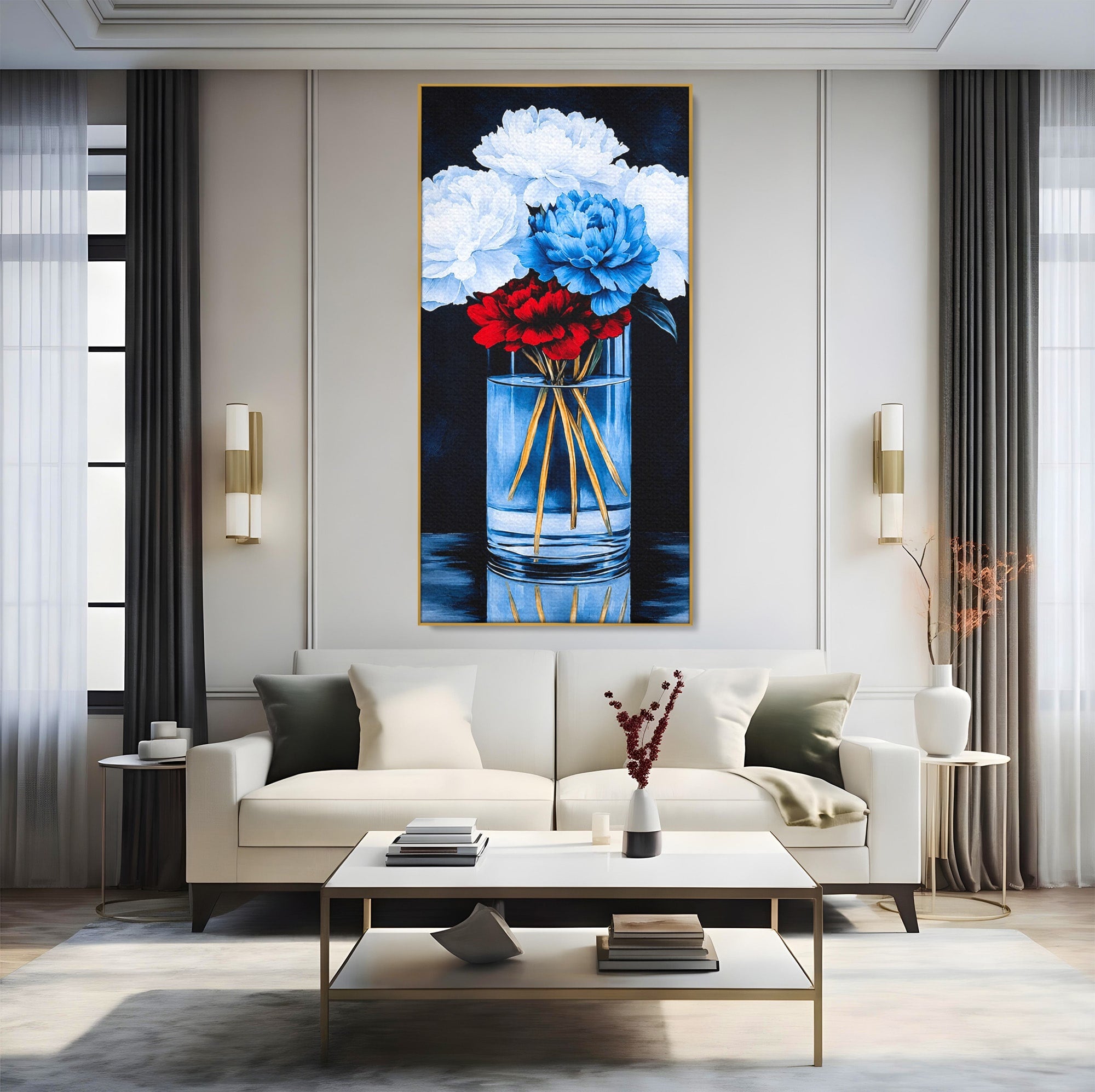 Tablou Canvas Premium LuxCanva® A1825, Buchet De Pivonii, Flori, Vaza, Eleganta, Dormitor, Living, Culori Vibrante