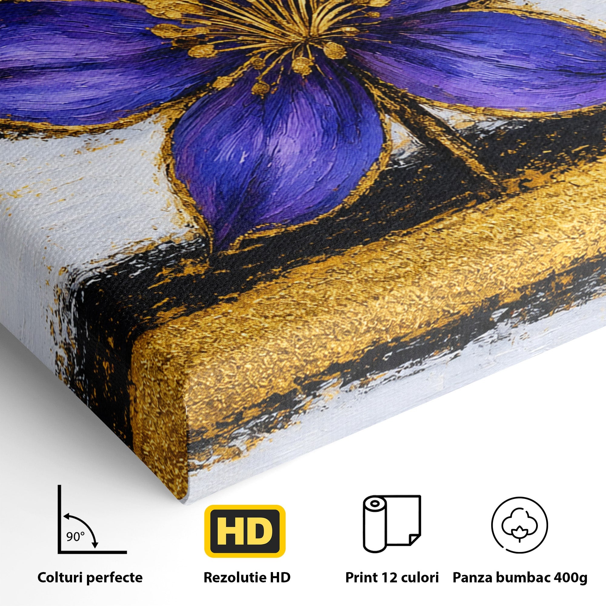 Tablou Canvas Premium LuxCanva® A1827, Rafinament Violet, Floare, Abstract, Aur, Living, Dormitor, Culori Vibrante