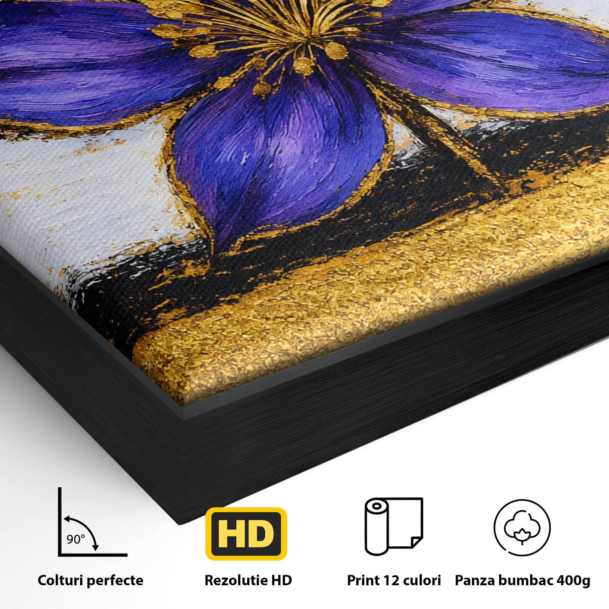 Tablou Canvas Premium LuxCanva® A1827, Rafinament Violet, Floare, Abstract, Aur, Living, Dormitor, Culori Vibrante