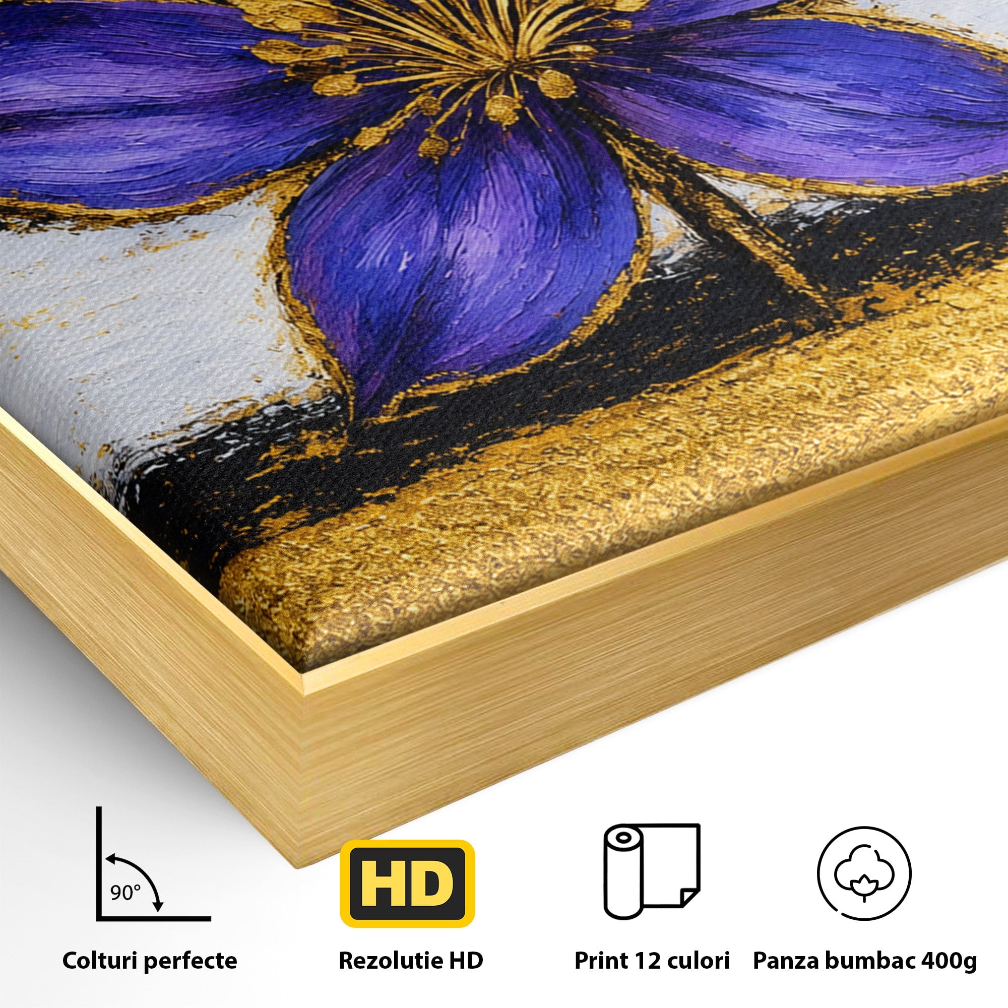 Tablou Canvas Premium LuxCanva® A1827, Rafinament Violet, Floare, Abstract, Aur, Living, Dormitor, Culori Vibrante