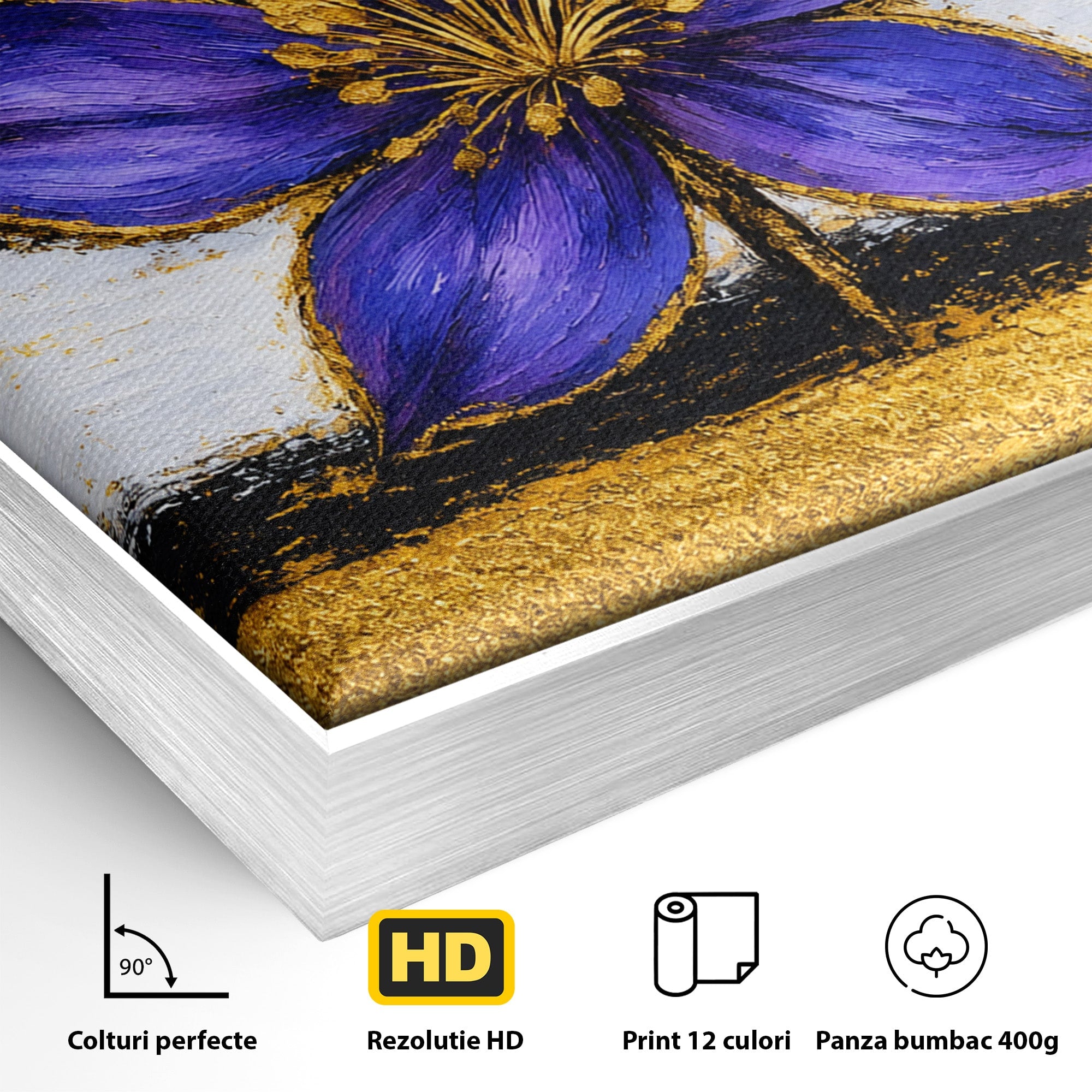 Tablou Canvas Premium LuxCanva® A1827, Rafinament Violet, Floare, Abstract, Aur, Living, Dormitor, Culori Vibrante
