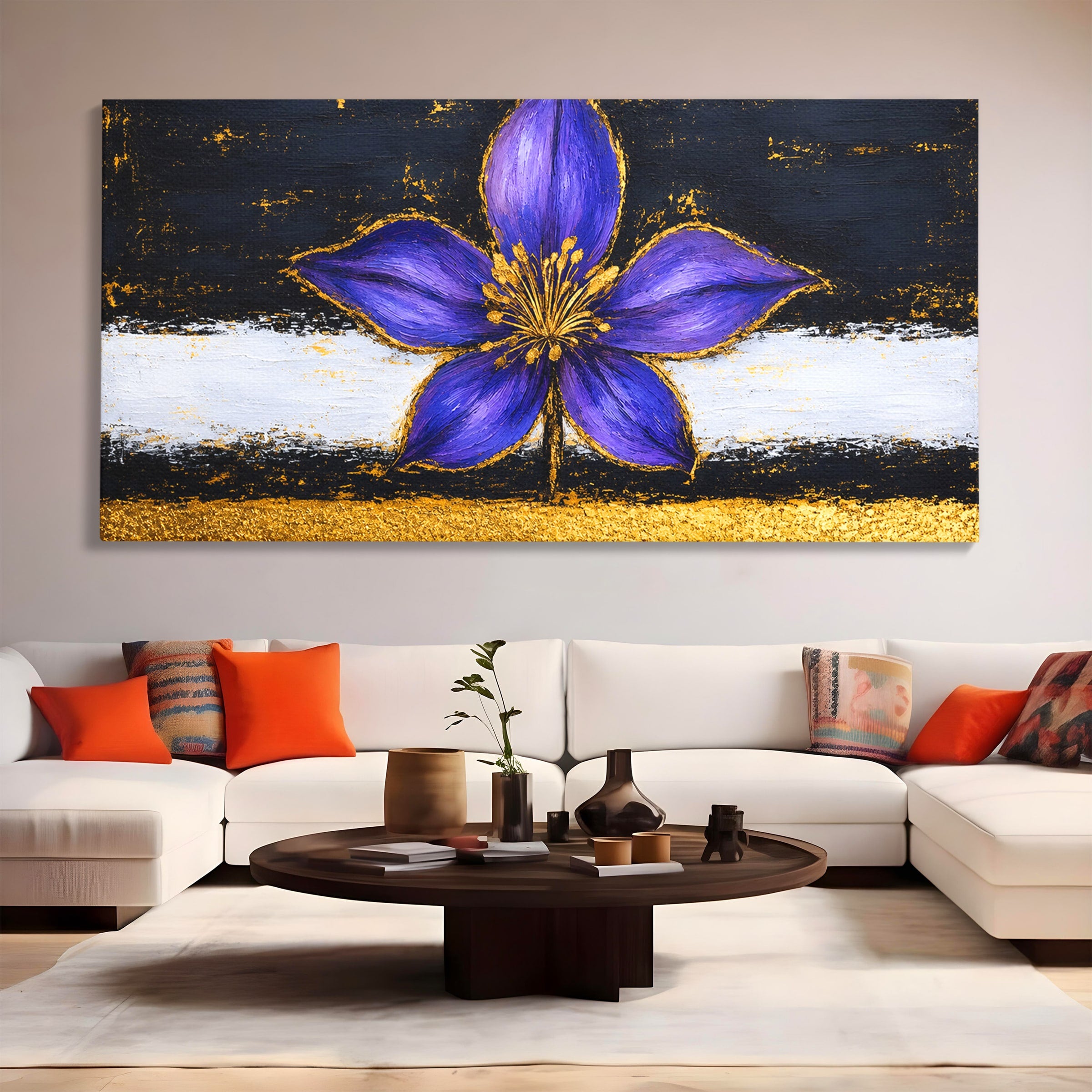 Tablou Canvas Premium LuxCanva® A1827, Rafinament Violet, Floare, Abstract, Aur, Living, Dormitor, Culori Vibrante