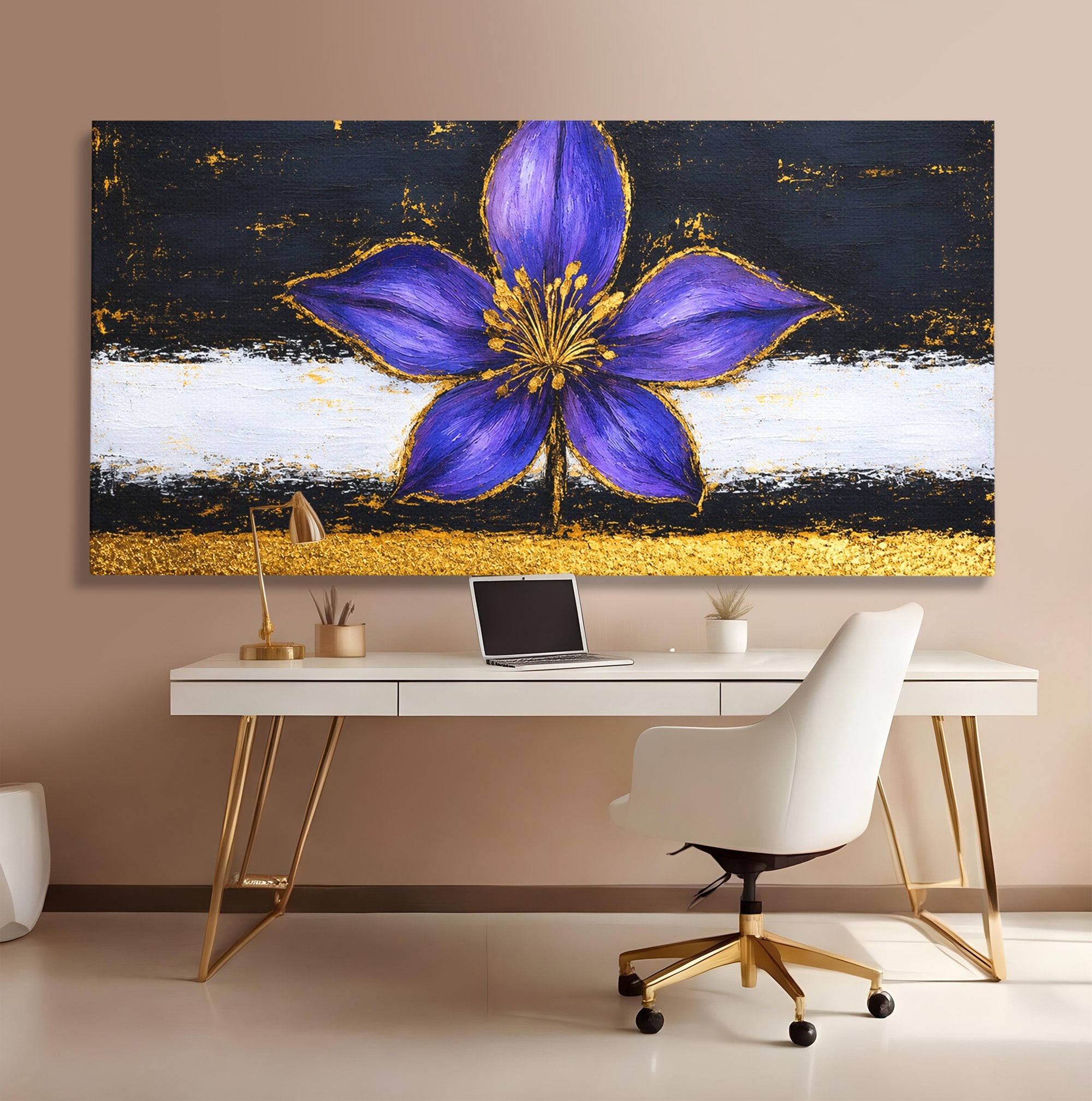 Tablou Canvas Premium LuxCanva® A1827, Rafinament Violet, Floare, Abstract, Aur, Living, Dormitor, Culori Vibrante