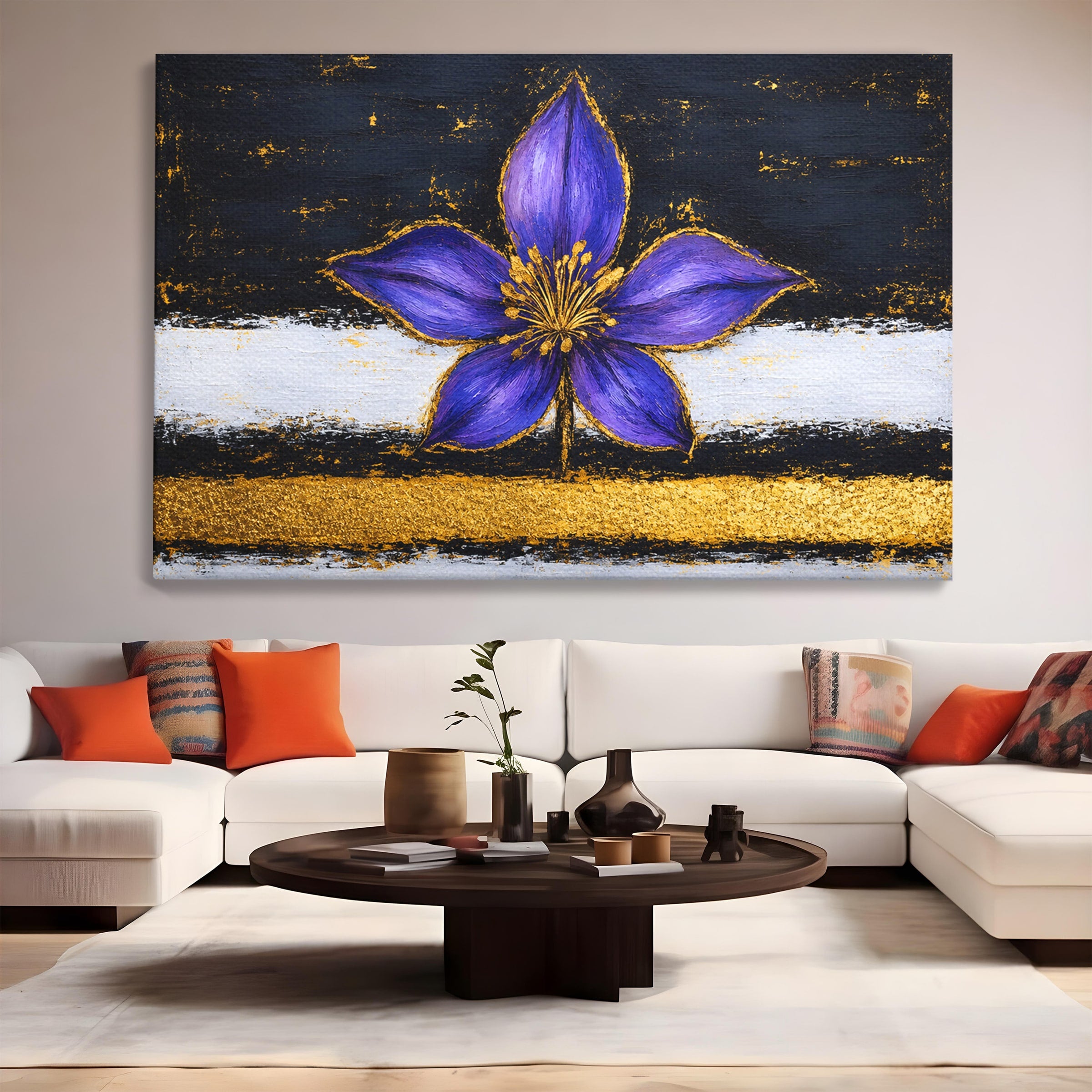 Tablou Canvas Premium LuxCanva® A1827, Rafinament Violet, Floare, Abstract, Aur, Living, Dormitor, Culori Vibrante