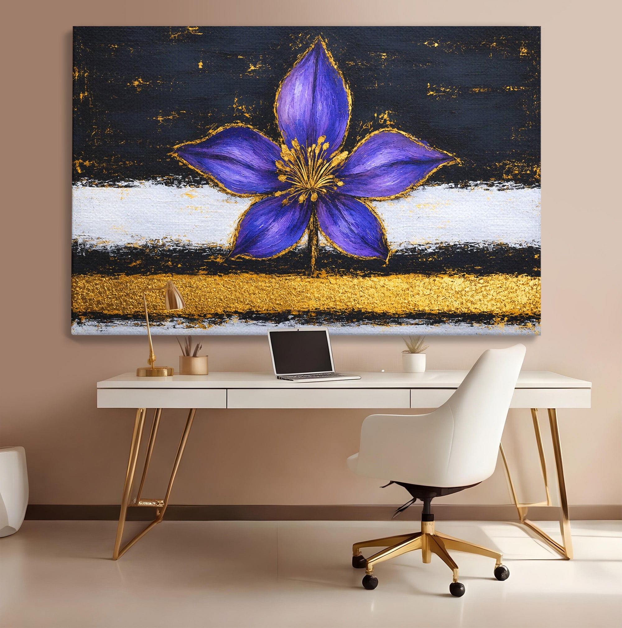 Tablou Canvas Premium LuxCanva® A1827, Rafinament Violet, Floare, Abstract, Aur, Living, Dormitor, Culori Vibrante