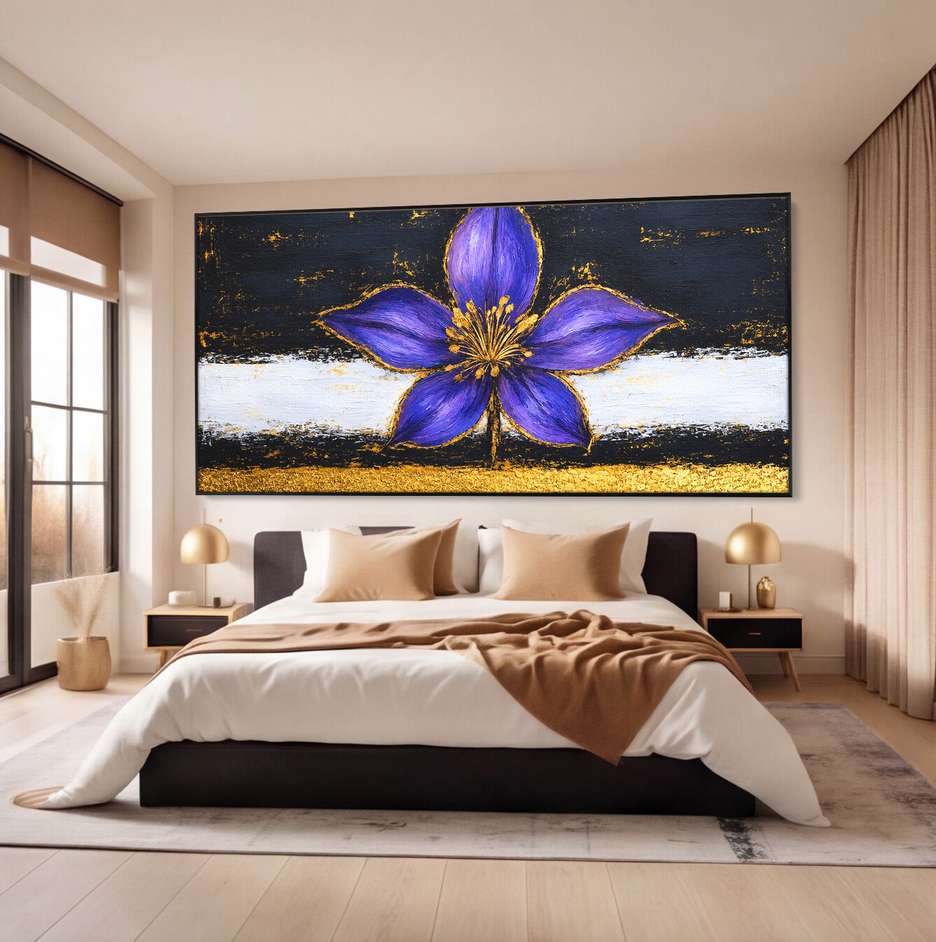 Tablou Canvas Premium LuxCanva® A1827, Rafinament Violet, Floare, Abstract, Aur, Living, Dormitor, Culori Vibrante