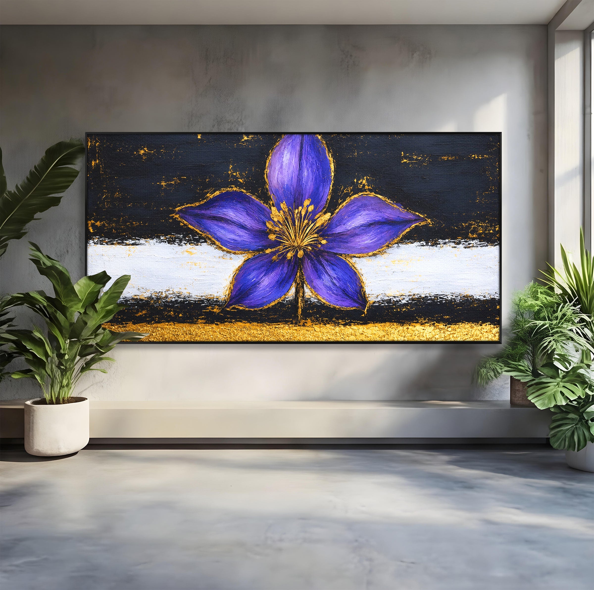 Tablou Canvas Premium LuxCanva® A1827, Rafinament Violet, Floare, Abstract, Aur, Living, Dormitor, Culori Vibrante