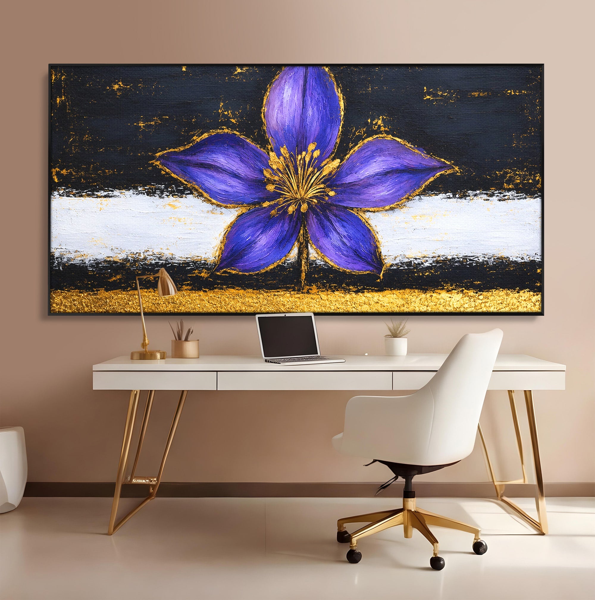 Tablou Canvas Premium LuxCanva® A1827, Rafinament Violet, Floare, Abstract, Aur, Living, Dormitor, Culori Vibrante