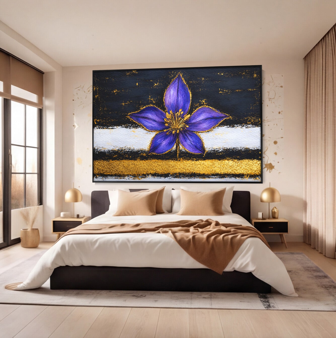 Tablou Canvas Premium LuxCanva® A1827, Rafinament Violet, Floare, Abstract, Aur, Living, Dormitor, Culori Vibrante