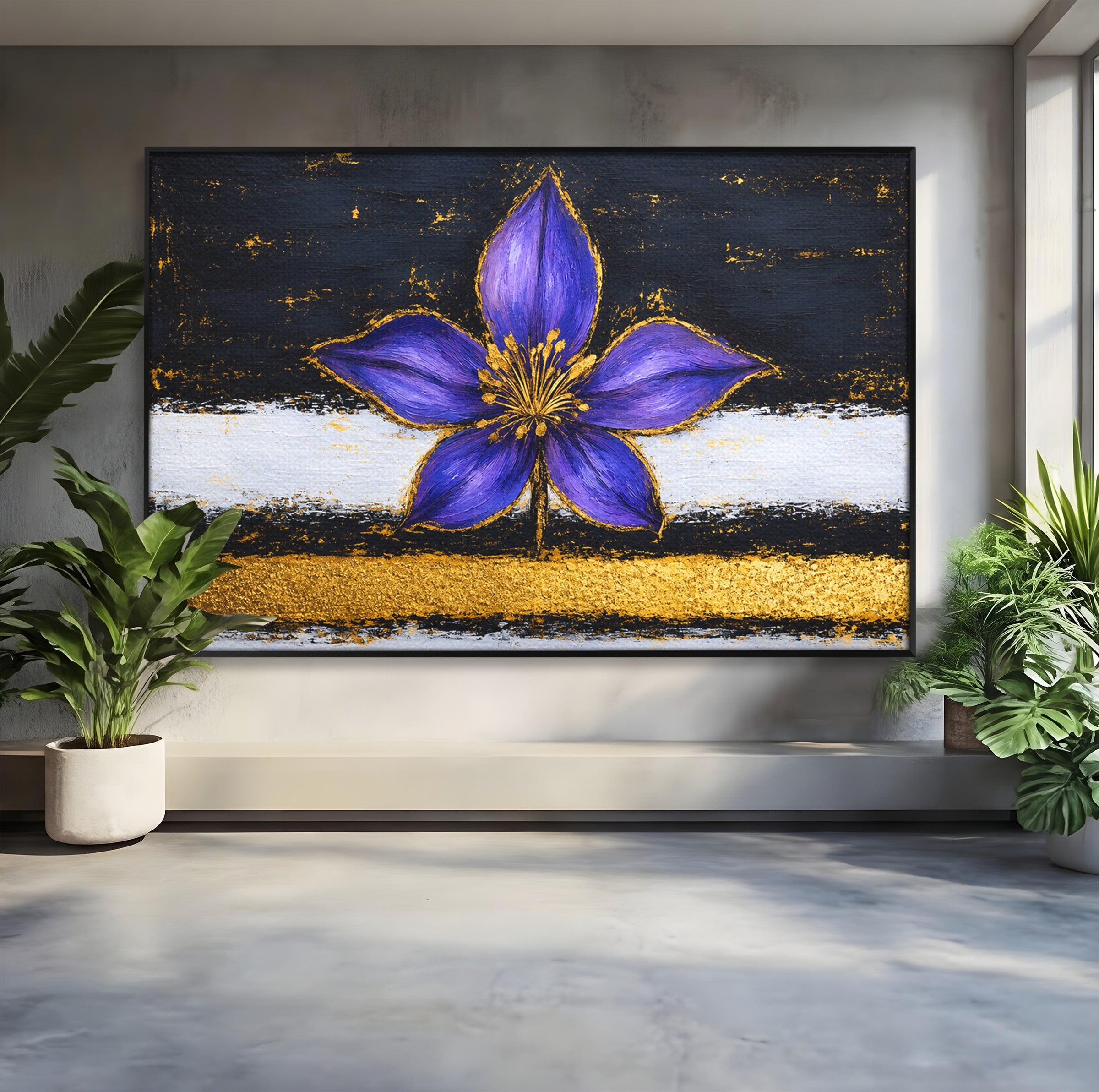 Tablou Canvas Premium LuxCanva® A1827, Rafinament Violet, Floare, Abstract, Aur, Living, Dormitor, Culori Vibrante