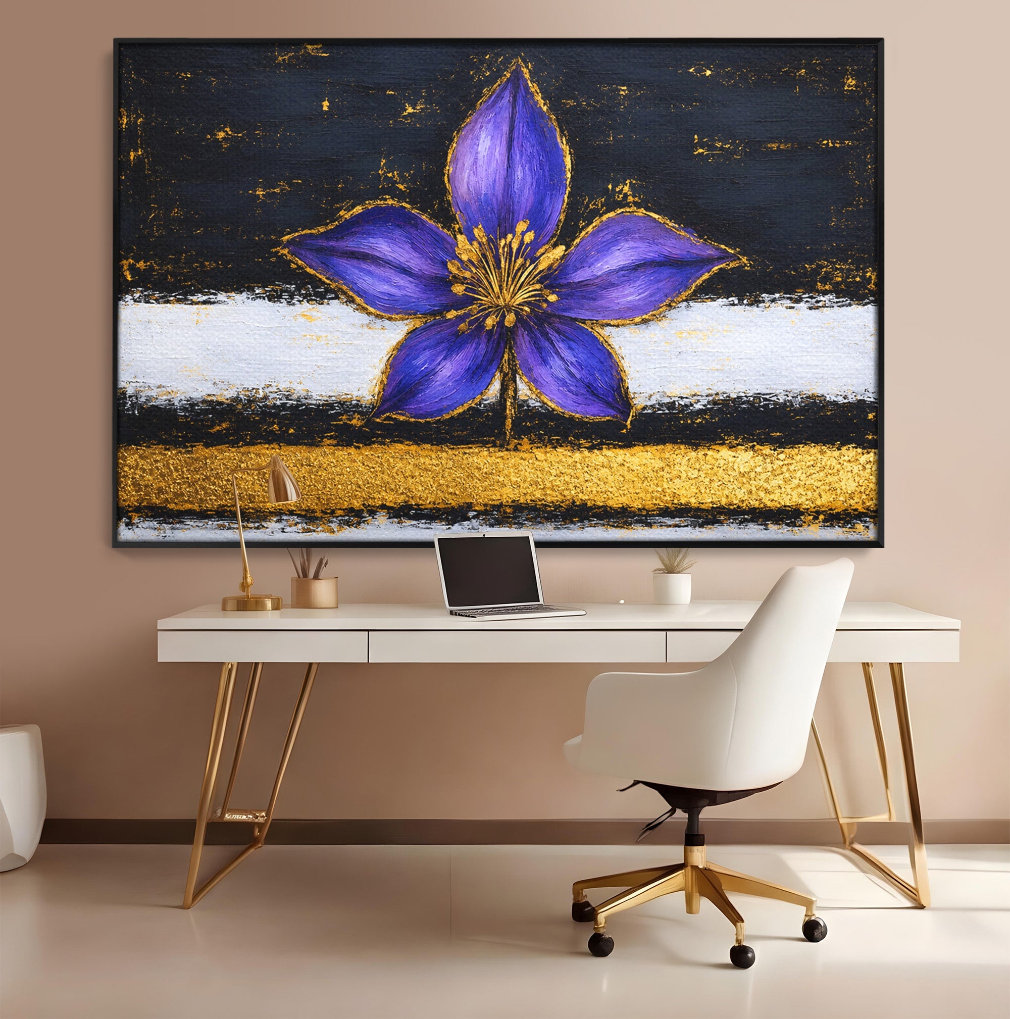 Tablou Canvas Premium LuxCanva® A1827, Rafinament Violet, Floare, Abstract, Aur, Living, Dormitor, Culori Vibrante