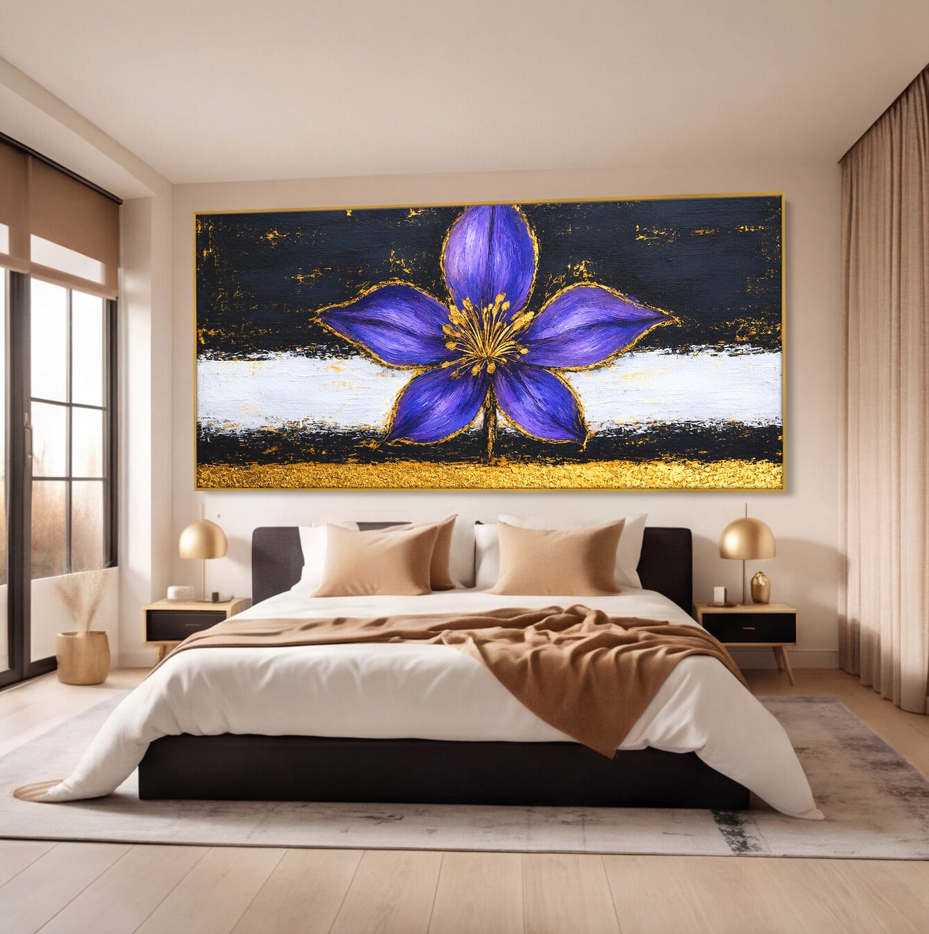Tablou Canvas Premium LuxCanva® A1827, Rafinament Violet, Floare, Abstract, Aur, Living, Dormitor, Culori Vibrante