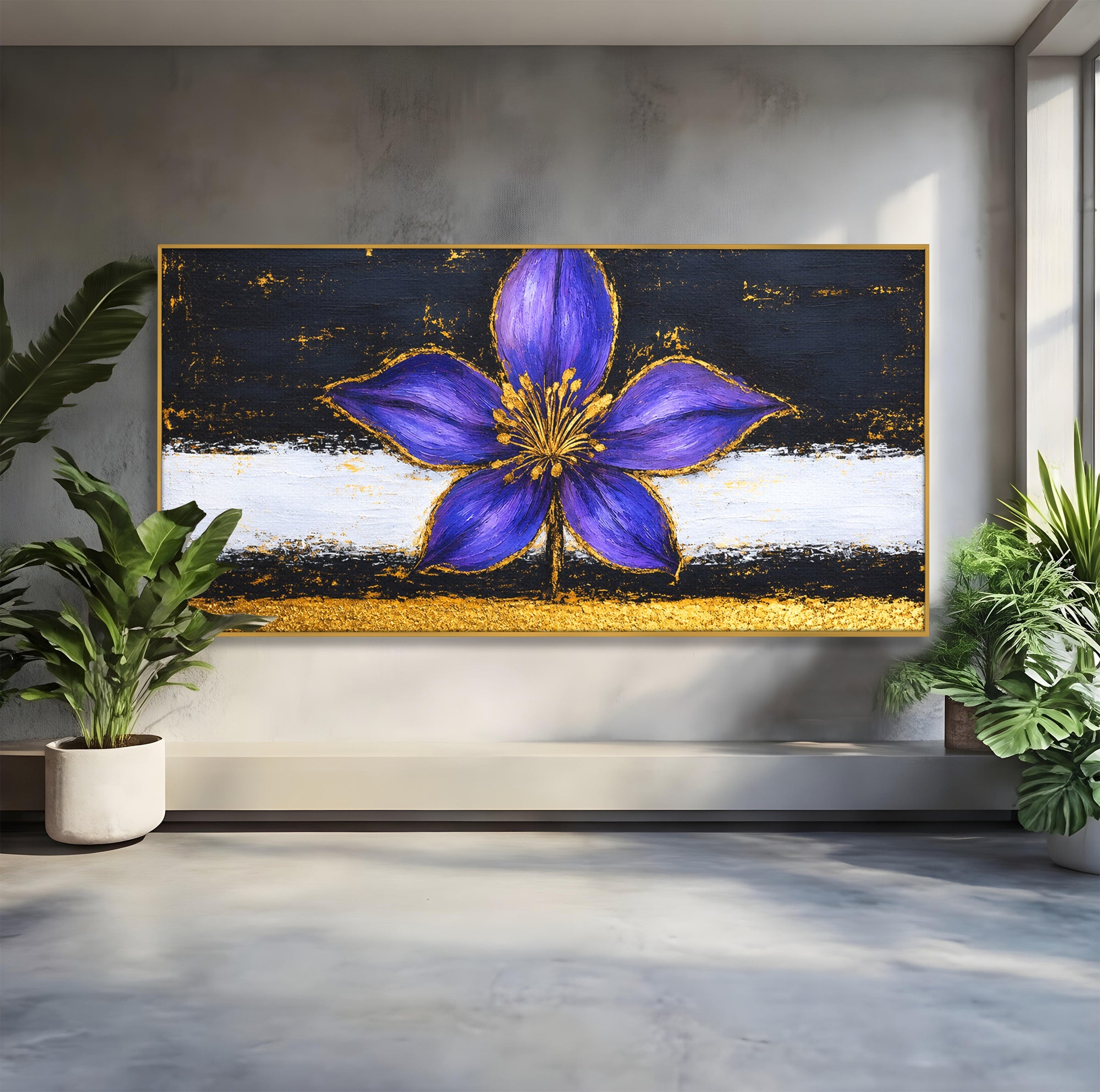 Tablou Canvas Premium LuxCanva® A1827, Rafinament Violet, Floare, Abstract, Aur, Living, Dormitor, Culori Vibrante