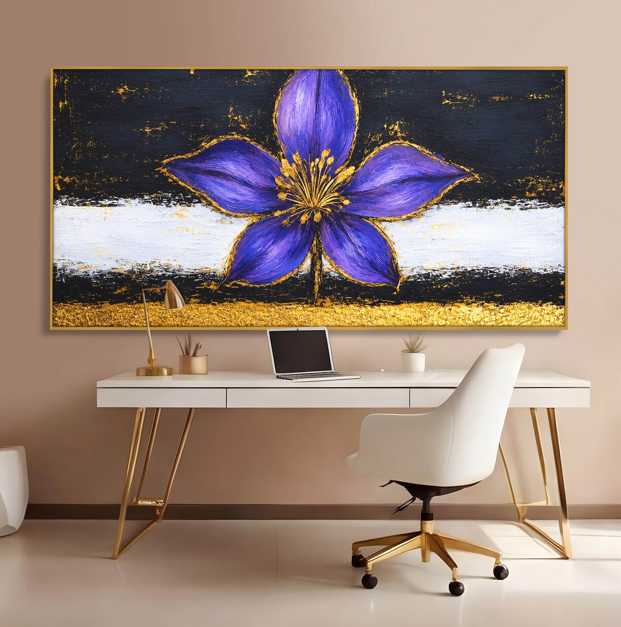 Tablou Canvas Premium LuxCanva® A1827, Rafinament Violet, Floare, Abstract, Aur, Living, Dormitor, Culori Vibrante