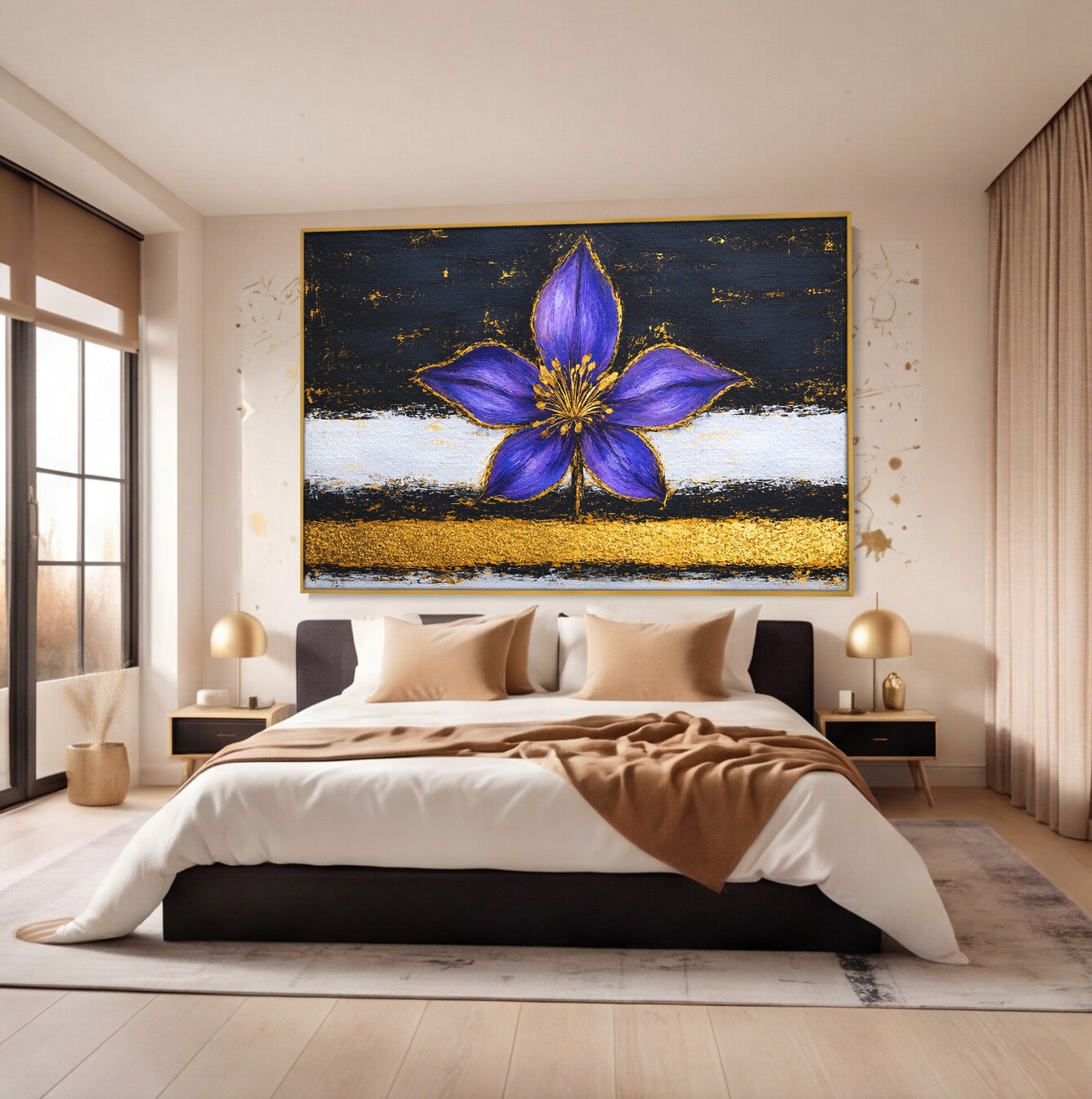 Tablou Canvas Premium LuxCanva® A1827, Rafinament Violet, Floare, Abstract, Aur, Living, Dormitor, Culori Vibrante