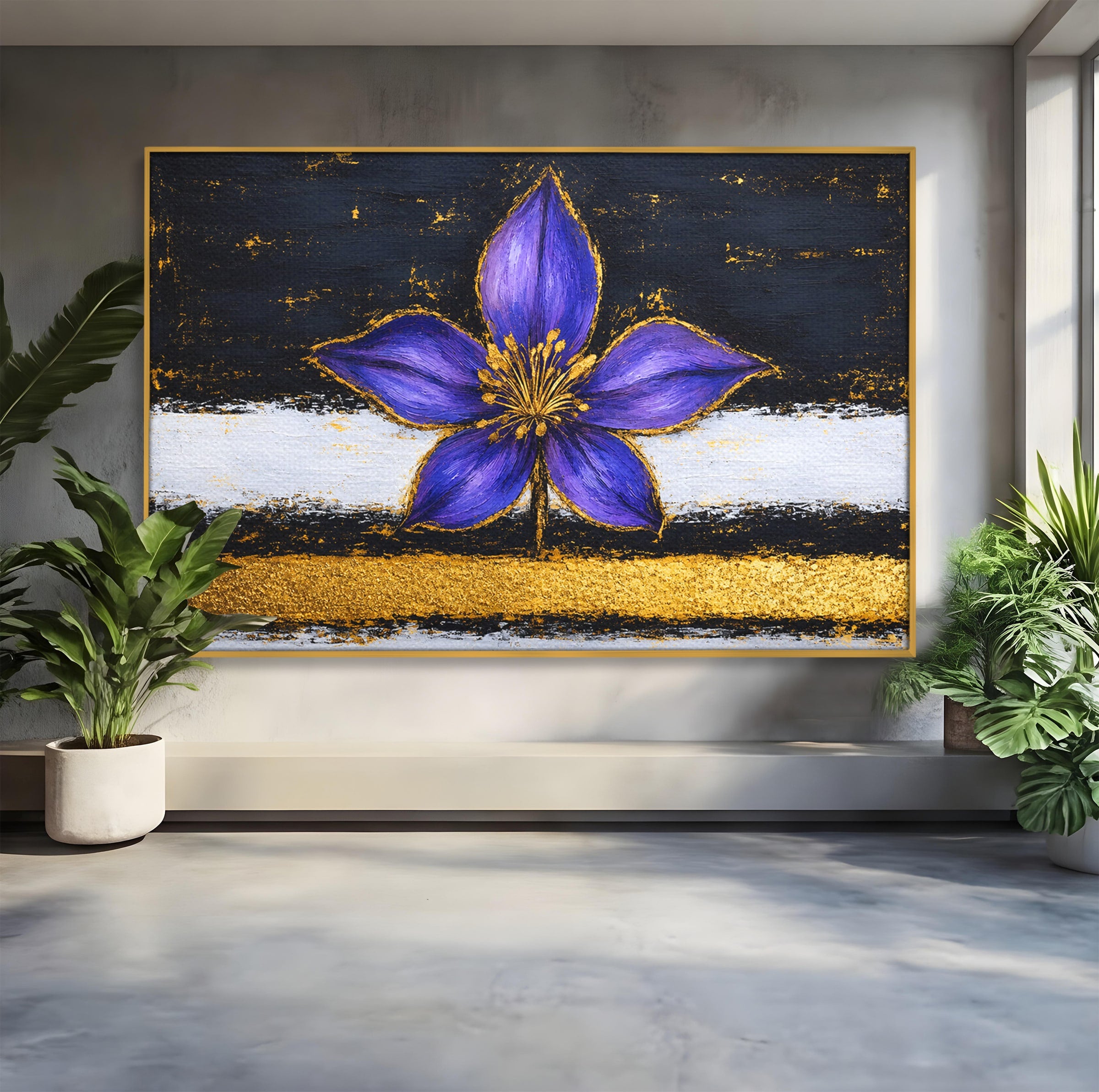 Tablou Canvas Premium LuxCanva® A1827, Rafinament Violet, Floare, Abstract, Aur, Living, Dormitor, Culori Vibrante