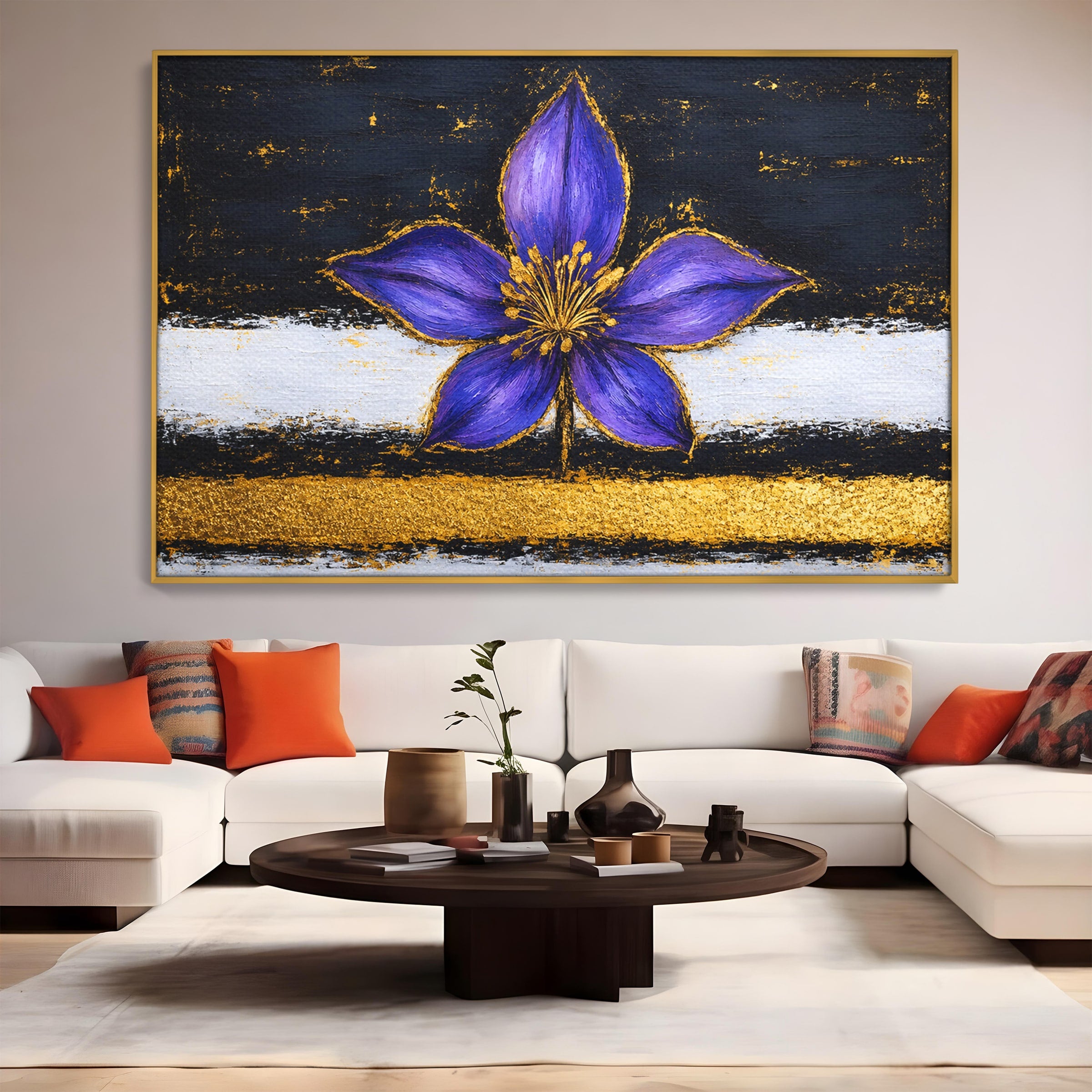 Tablou Canvas Premium LuxCanva® A1827, Rafinament Violet, Floare, Abstract, Aur, Living, Dormitor, Culori Vibrante