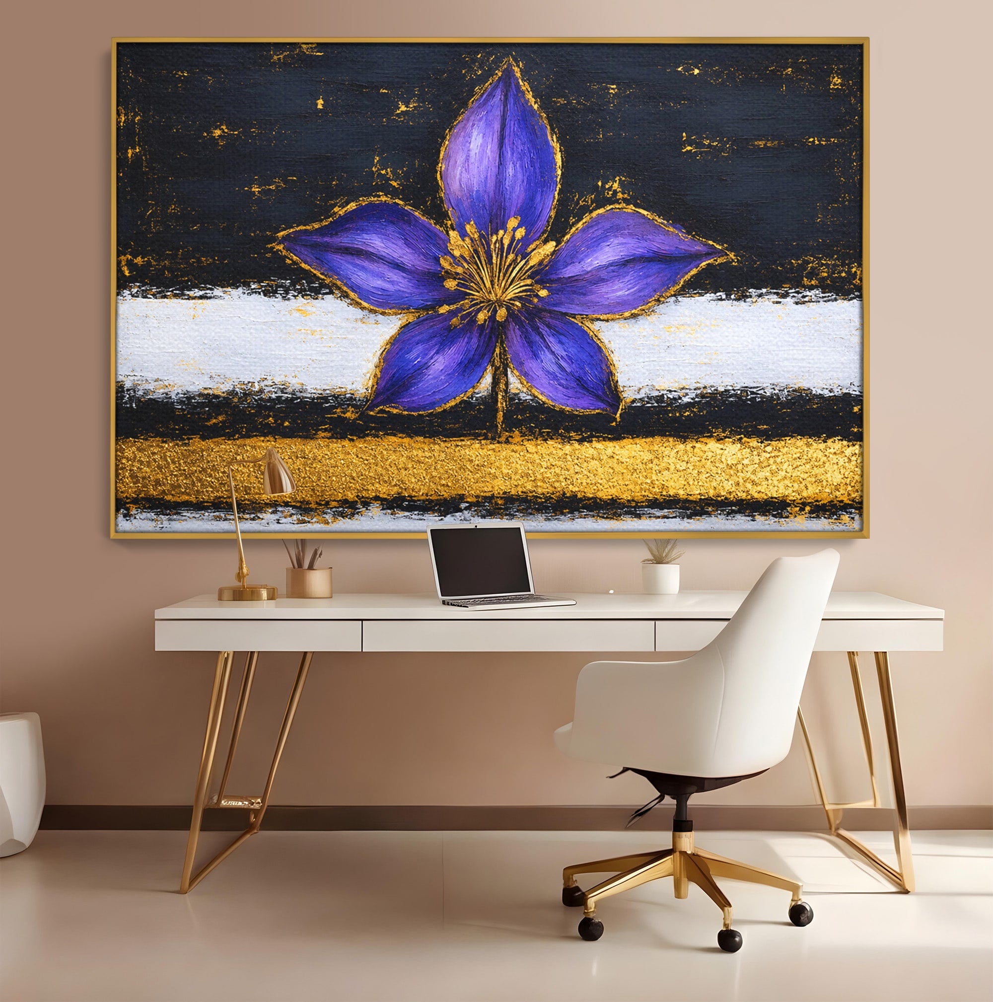 Tablou Canvas Premium LuxCanva® A1827, Rafinament Violet, Floare, Abstract, Aur, Living, Dormitor, Culori Vibrante