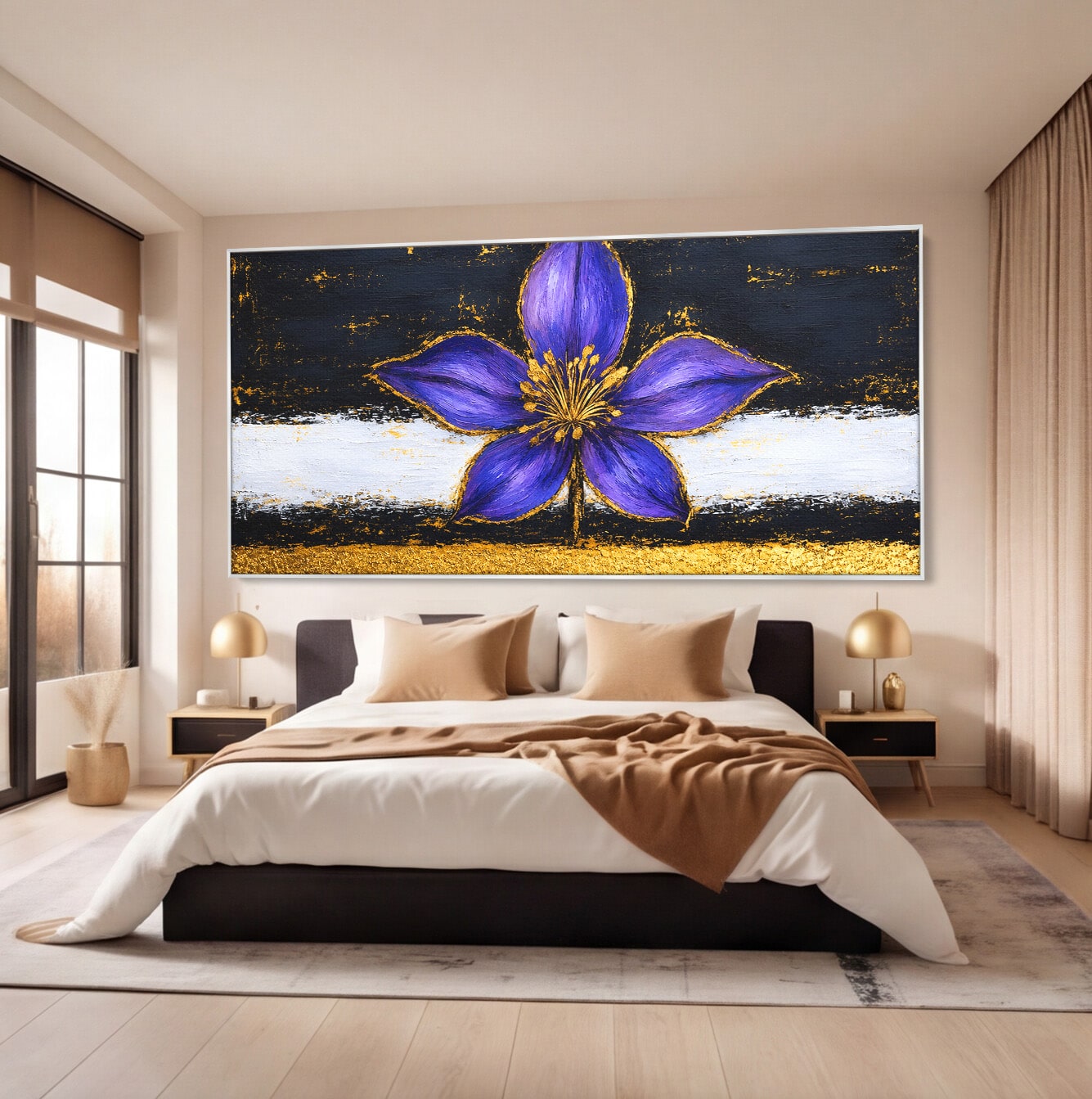Tablou Canvas Premium LuxCanva® A1827, Rafinament Violet, Floare, Abstract, Aur, Living, Dormitor, Culori Vibrante
