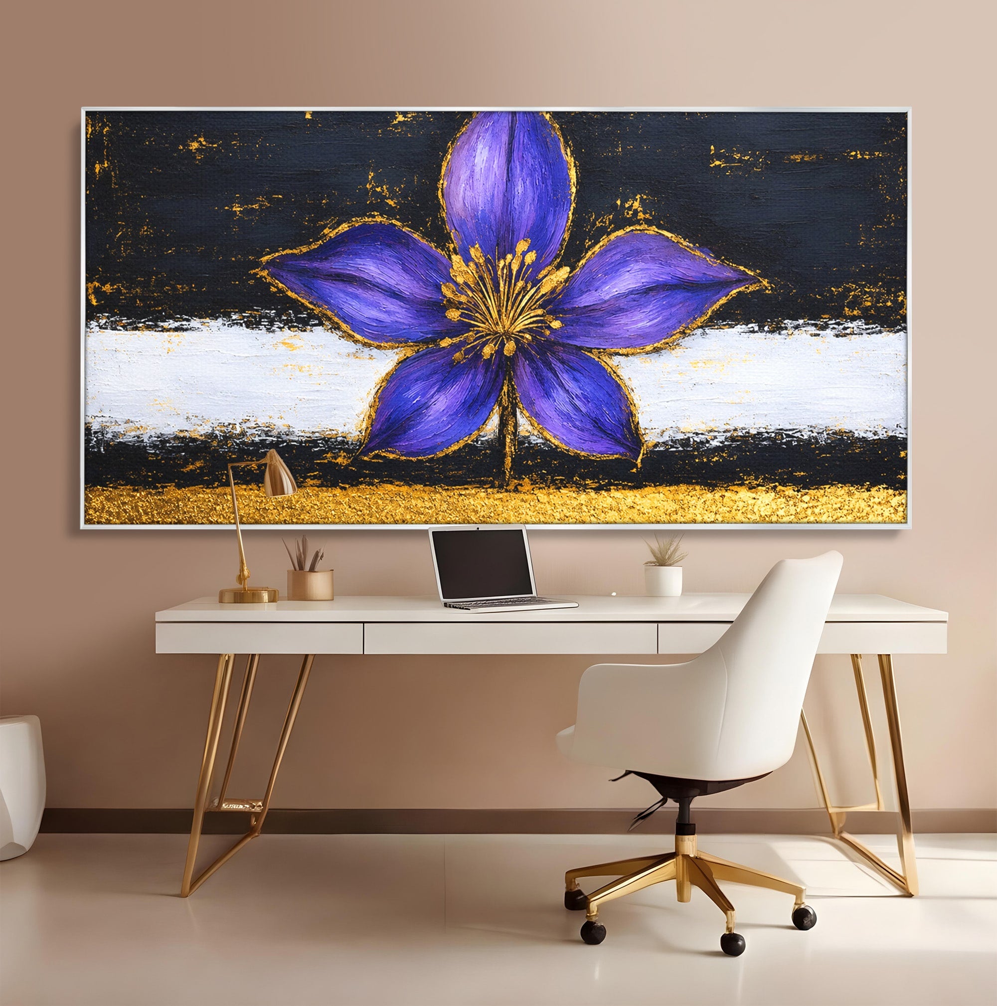 Tablou Canvas Premium LuxCanva® A1827, Rafinament Violet, Floare, Abstract, Aur, Living, Dormitor, Culori Vibrante