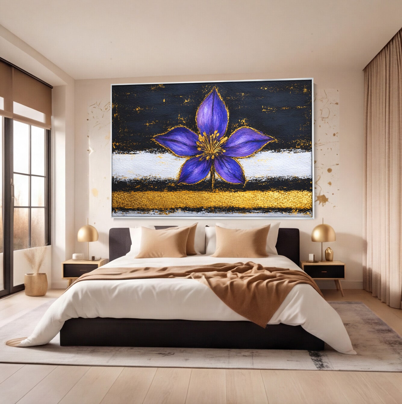 Tablou Canvas Premium LuxCanva® A1827, Rafinament Violet, Floare, Abstract, Aur, Living, Dormitor, Culori Vibrante