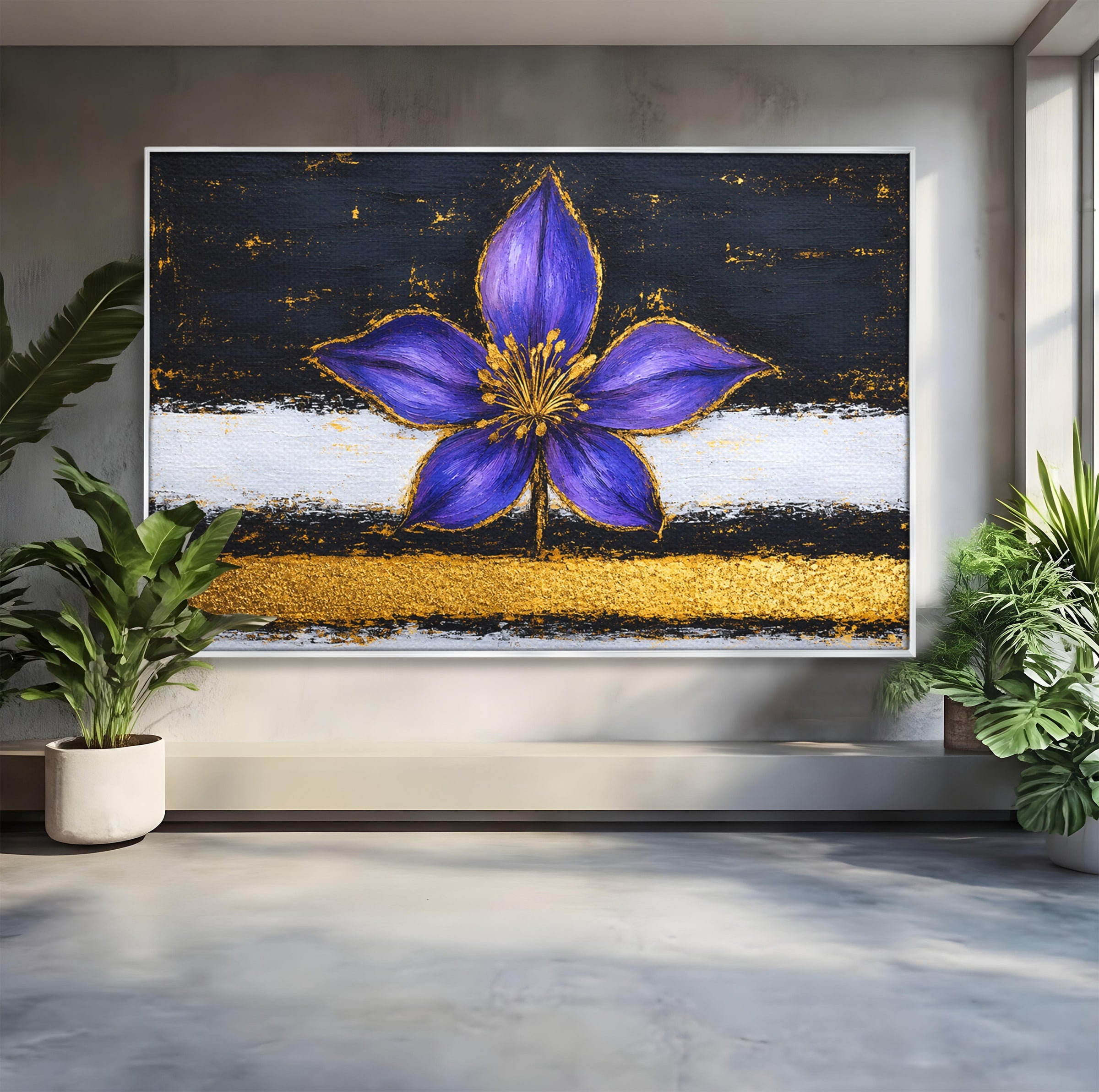 Tablou Canvas Premium LuxCanva® A1827, Rafinament Violet, Floare, Abstract, Aur, Living, Dormitor, Culori Vibrante