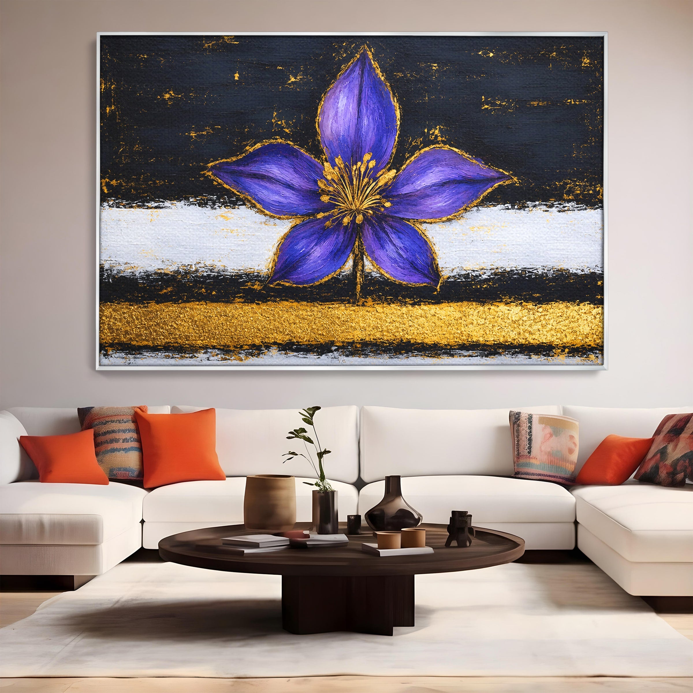 Tablou Canvas Premium LuxCanva® A1827, Rafinament Violet, Floare, Abstract, Aur, Living, Dormitor, Culori Vibrante