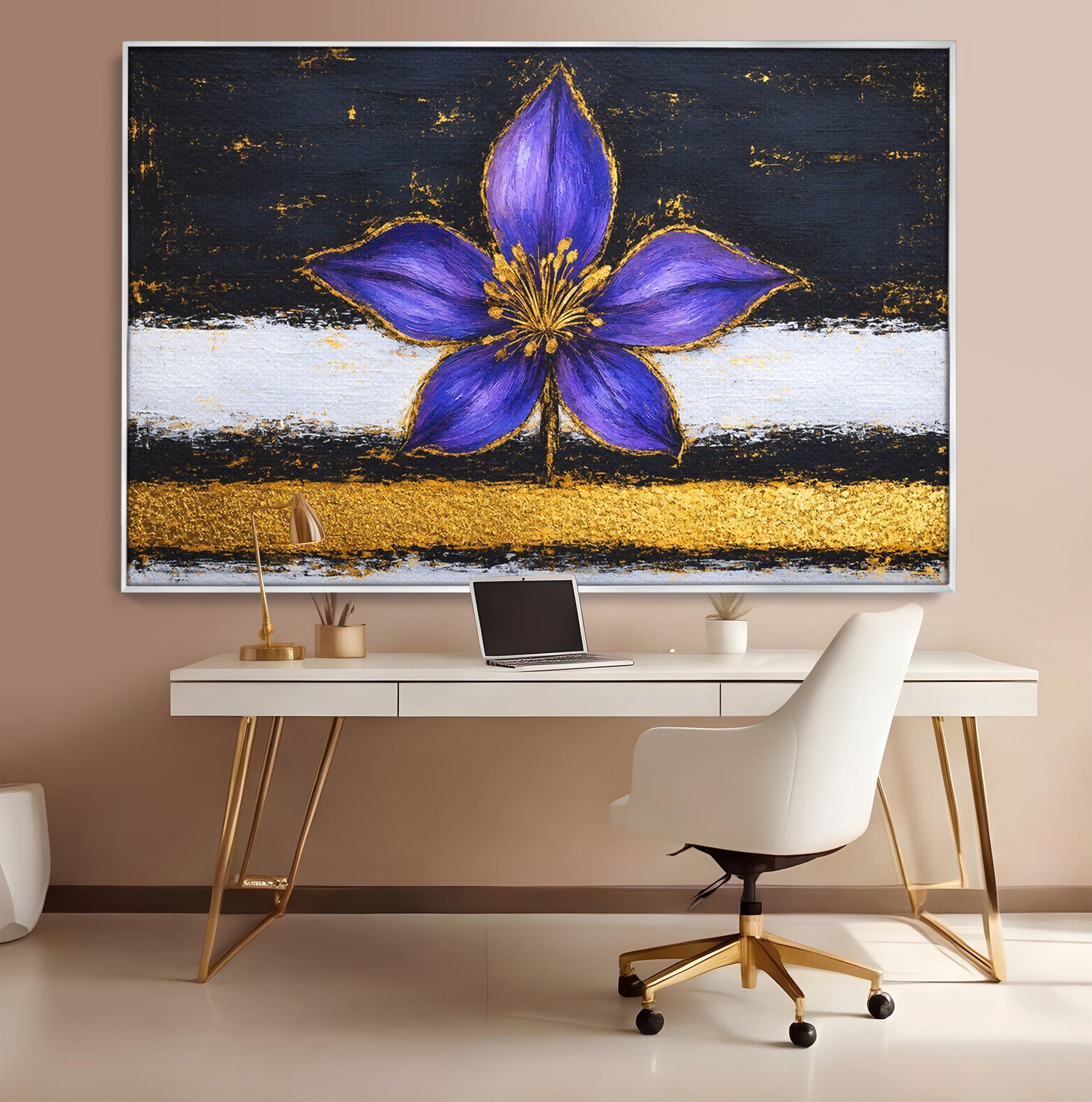 Tablou Canvas Premium LuxCanva® A1827, Rafinament Violet, Floare, Abstract, Aur, Living, Dormitor, Culori Vibrante