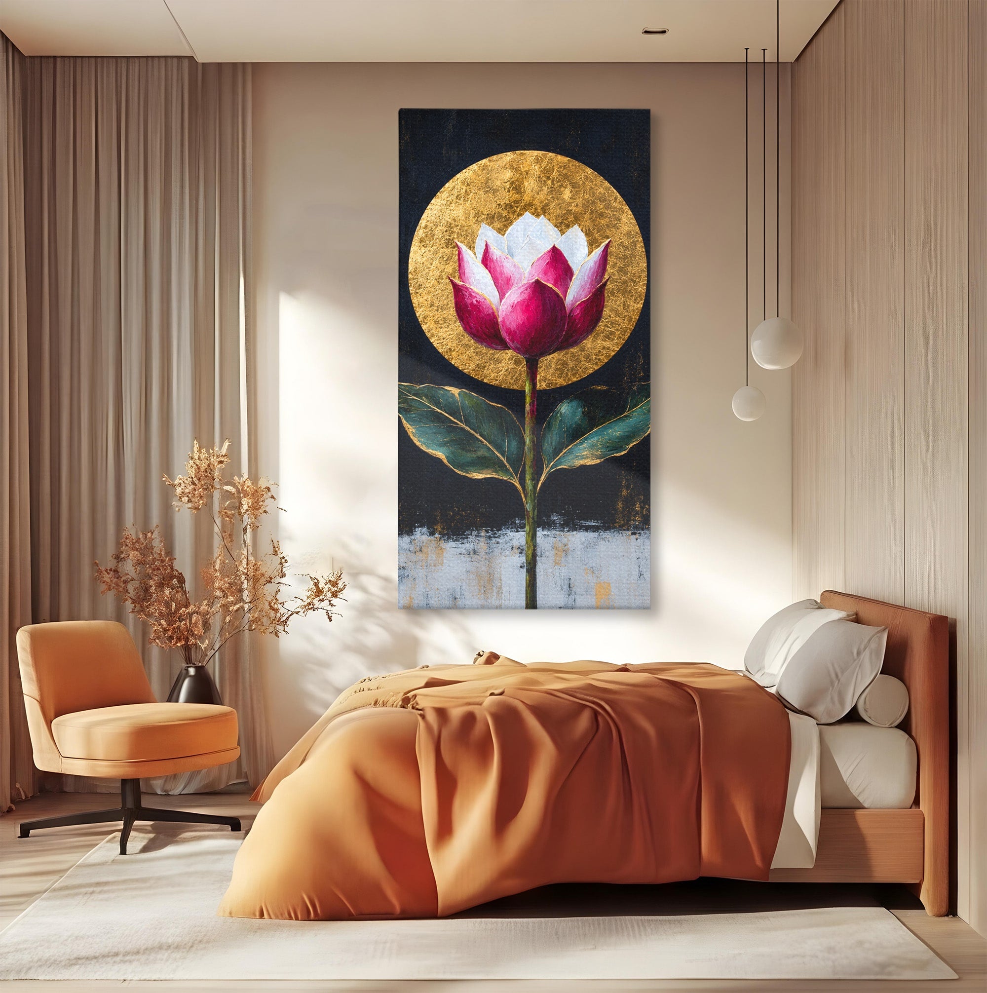Tablou Canvas Premium LuxCanva® A1832, Eclipsa Florii, Floare, Lotus, Auriu, Living, Dormitor, Culori Vibrante