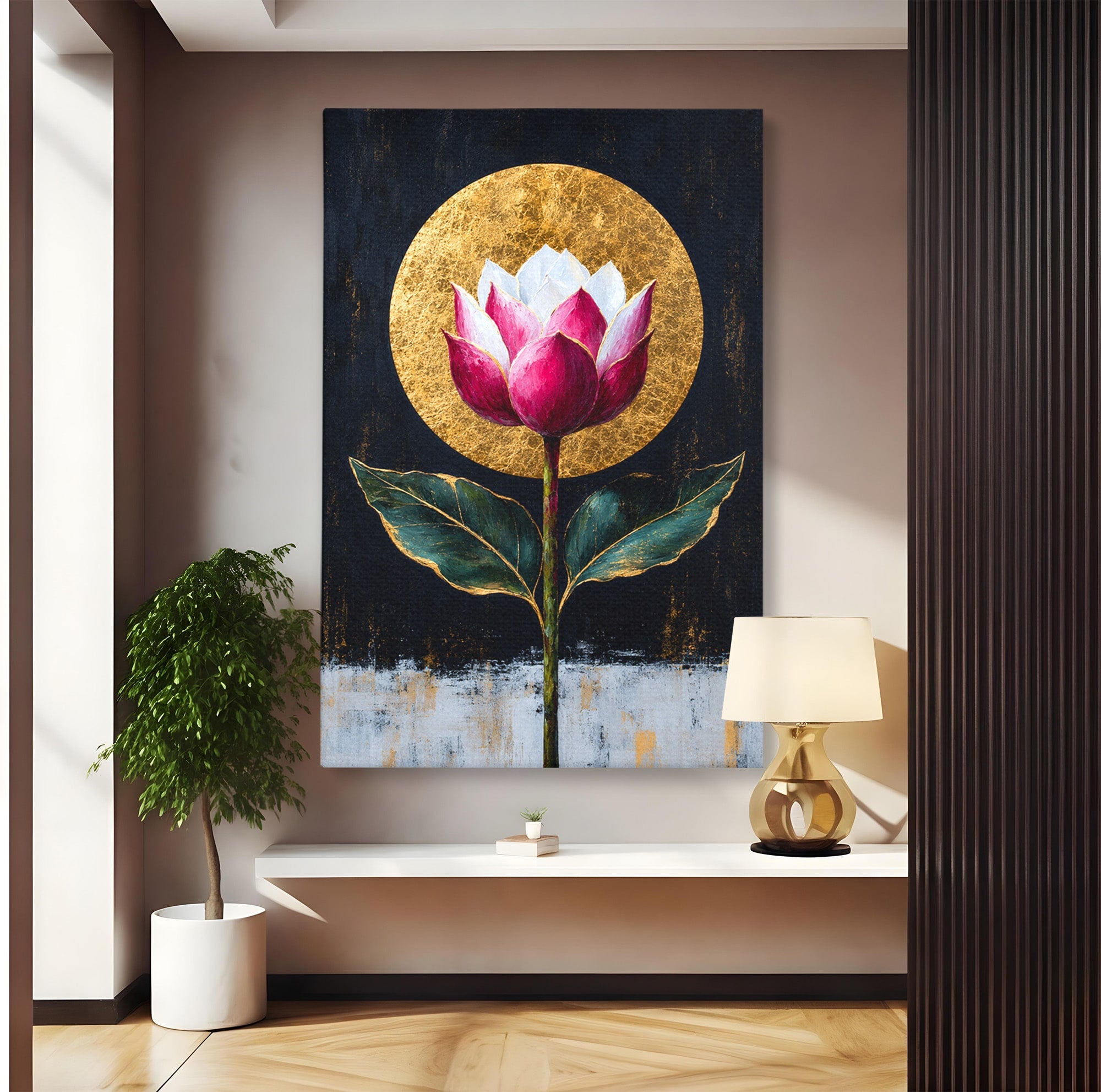 Tablou Canvas Premium LuxCanva® A1832, Eclipsa Florii, Floare, Lotus, Auriu, Living, Dormitor, Culori Vibrante