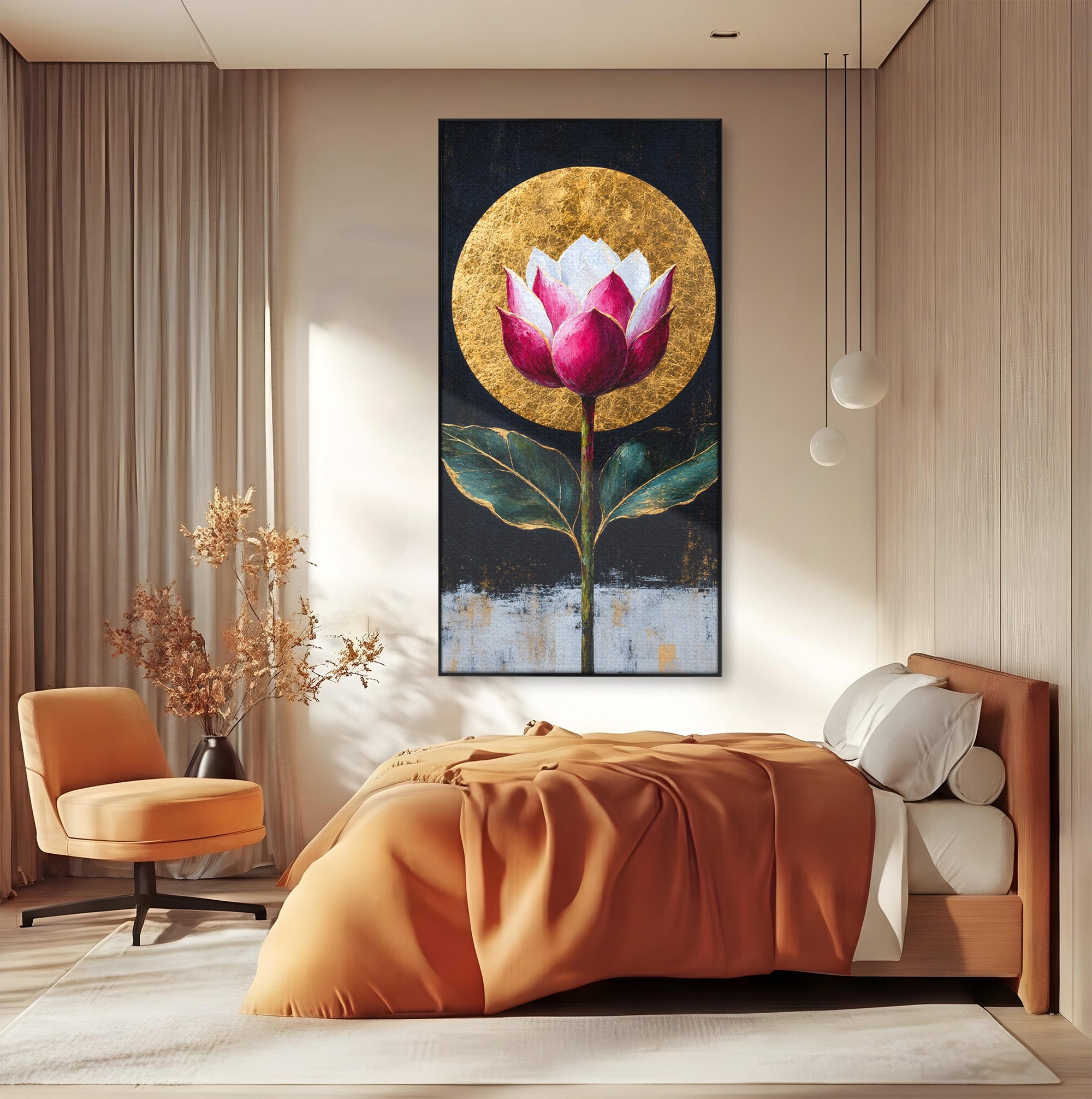 Tablou Canvas Premium LuxCanva® A1832, Eclipsa Florii, Floare, Lotus, Auriu, Living, Dormitor, Culori Vibrante