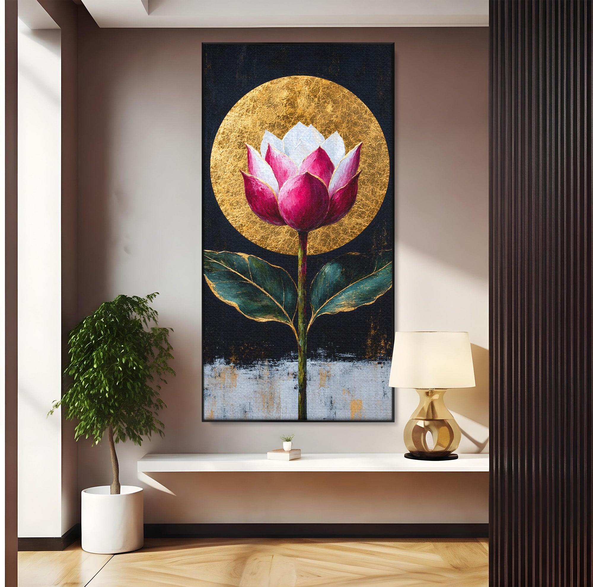 Tablou Canvas Premium LuxCanva® A1832, Eclipsa Florii, Floare, Lotus, Auriu, Living, Dormitor, Culori Vibrante
