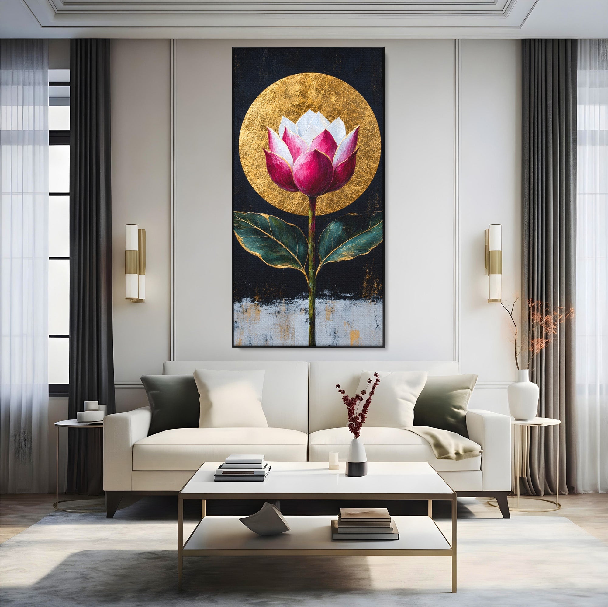 Tablou Canvas Premium LuxCanva® A1832, Eclipsa Florii, Floare, Lotus, Auriu, Living, Dormitor, Culori Vibrante