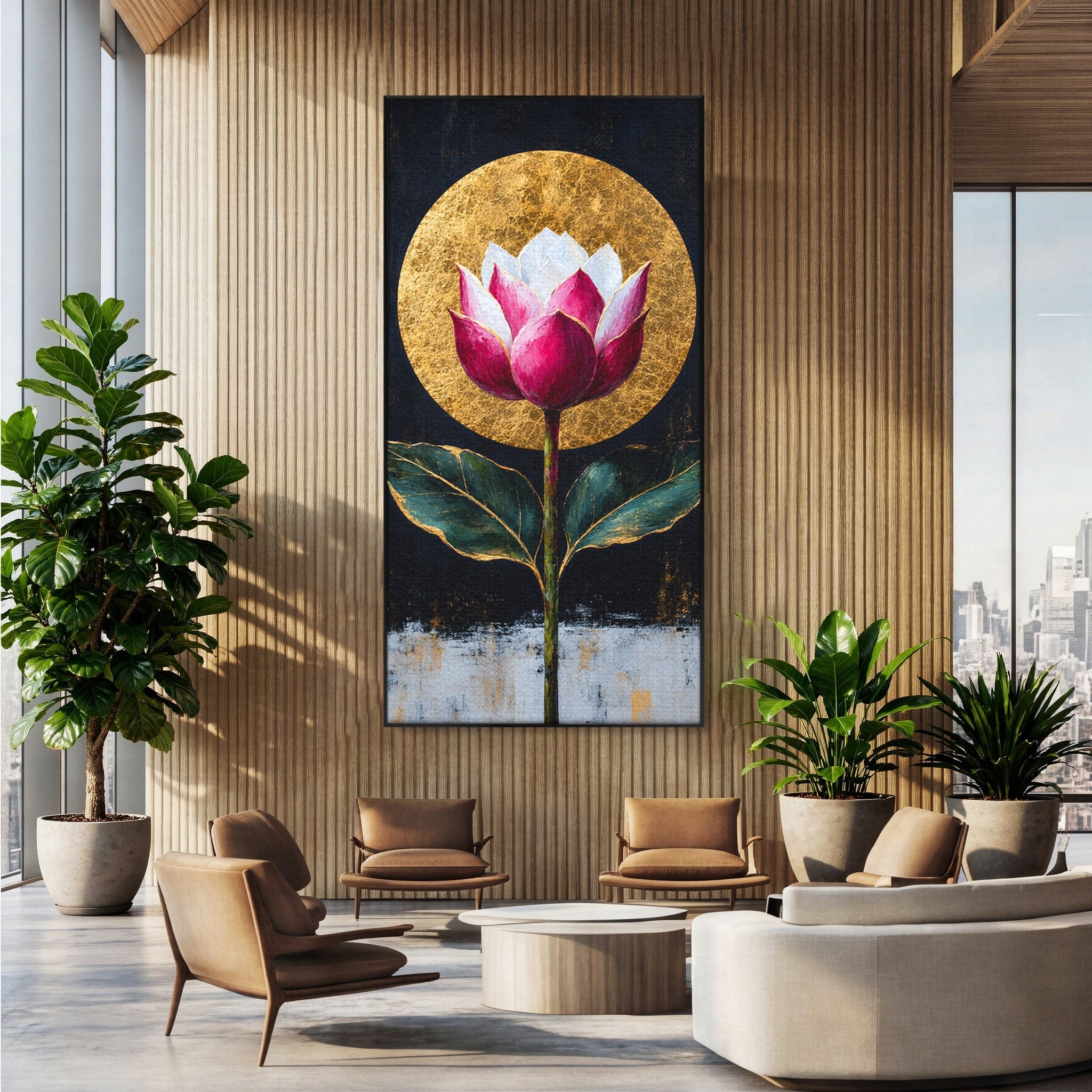 Tablou Canvas Premium LuxCanva® A1832, Eclipsa Florii, Floare, Lotus, Auriu, Living, Dormitor, Culori Vibrante