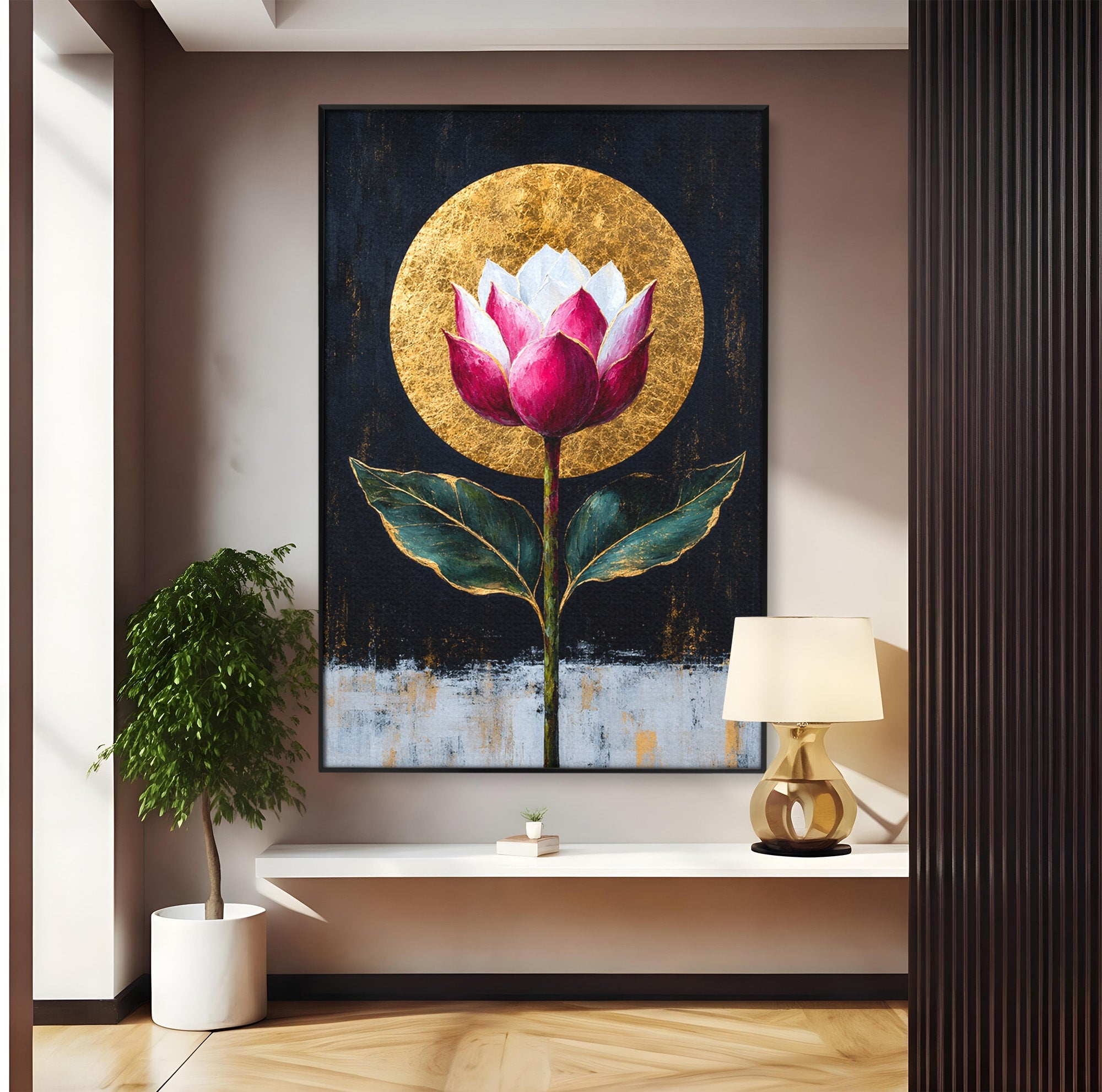 Tablou Canvas Premium LuxCanva® A1832, Eclipsa Florii, Floare, Lotus, Auriu, Living, Dormitor, Culori Vibrante