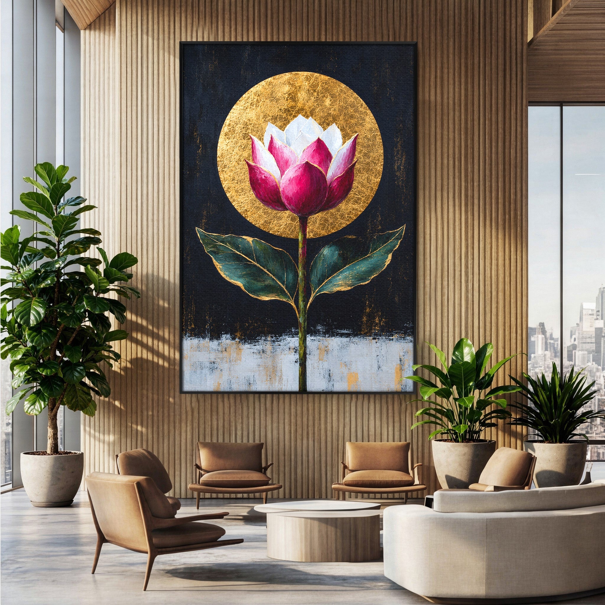 Tablou Canvas Premium LuxCanva® A1832, Eclipsa Florii, Floare, Lotus, Auriu, Living, Dormitor, Culori Vibrante
