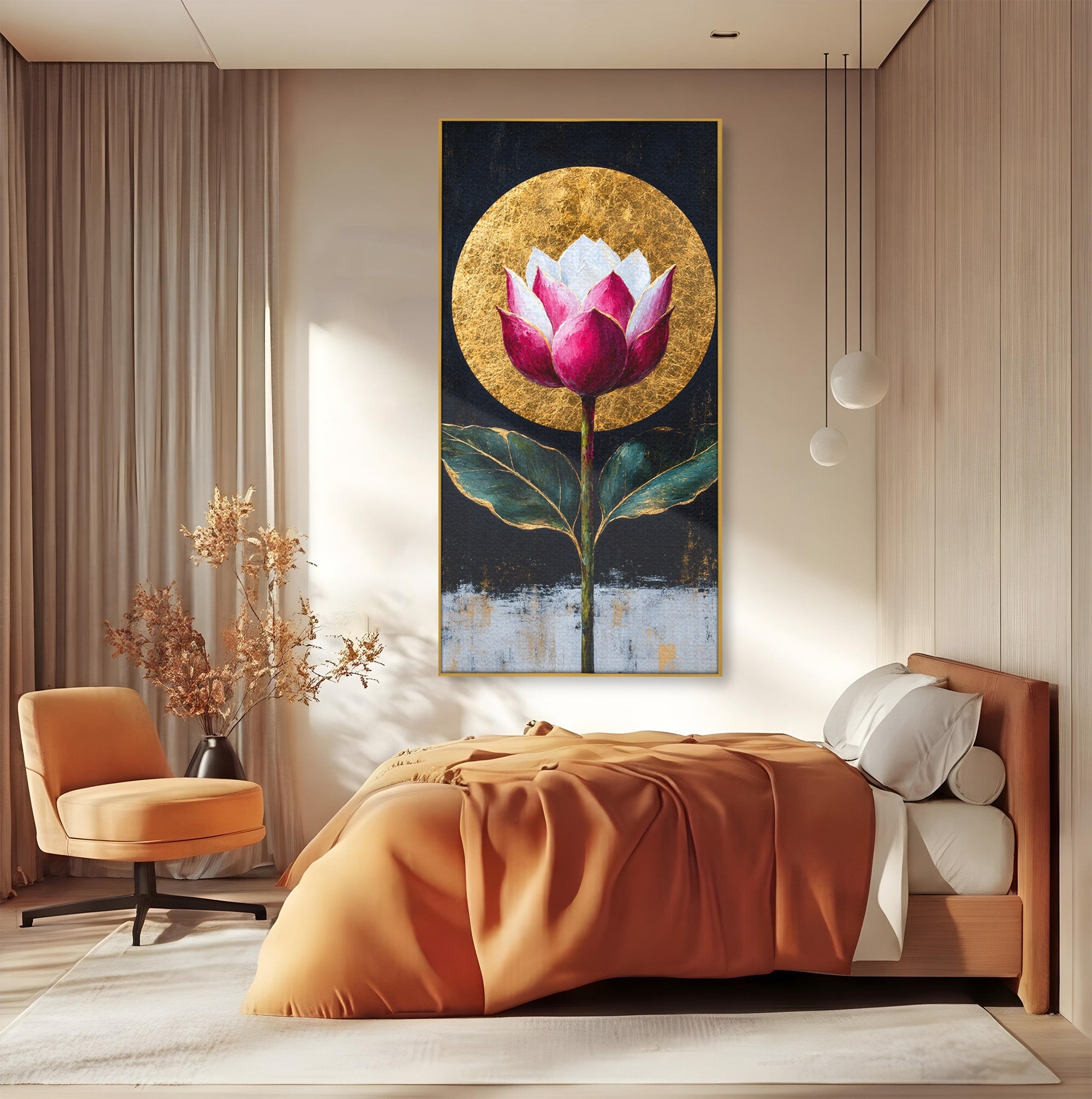 Tablou Canvas Premium LuxCanva® A1832, Eclipsa Florii, Floare, Lotus, Auriu, Living, Dormitor, Culori Vibrante