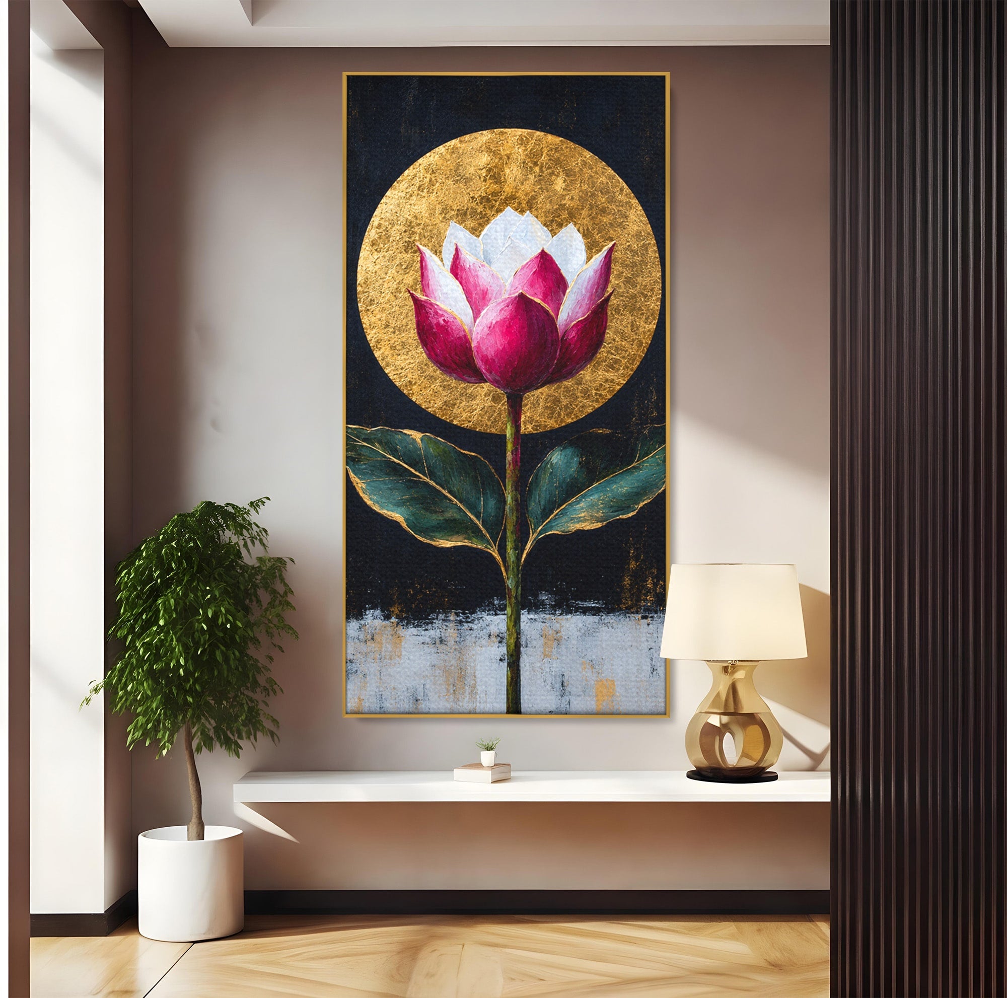 Tablou Canvas Premium LuxCanva® A1832, Eclipsa Florii, Floare, Lotus, Auriu, Living, Dormitor, Culori Vibrante